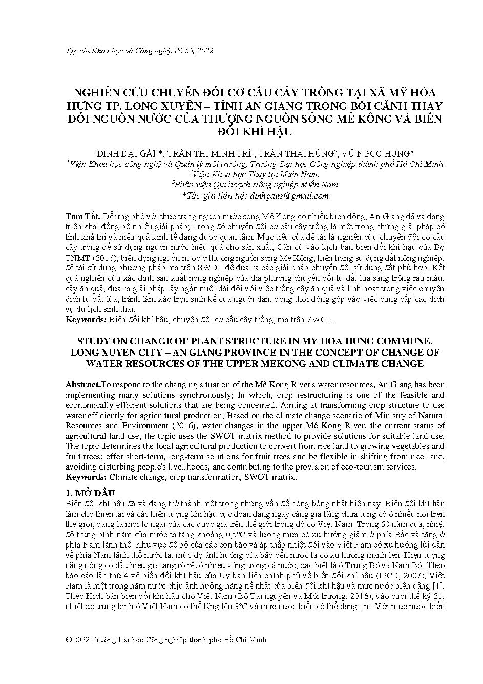 Nghiên cứu chuyển đổi cơ cấu cây trồng tại xã Mỹ Hòa Hưng Tp. Long Xuyên – tỉnh An Giang trong bối cảnh thay đổi nguồn nước của thượng nguồn sông Mê Kông và biến đổi khí hậu