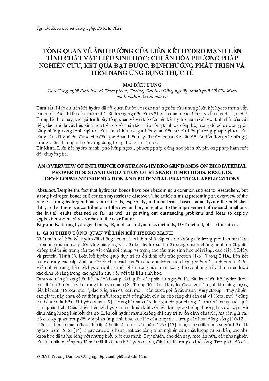 Tổng quan về ảnh hưởng của liên kết hydro mạnh lên tính chất vật liệu sinh học: chuẩn hóa phương pháp nghiên cứu, kết quả đạt được, định hướng phát triển và tiềm năng ứng dụng thực tế
