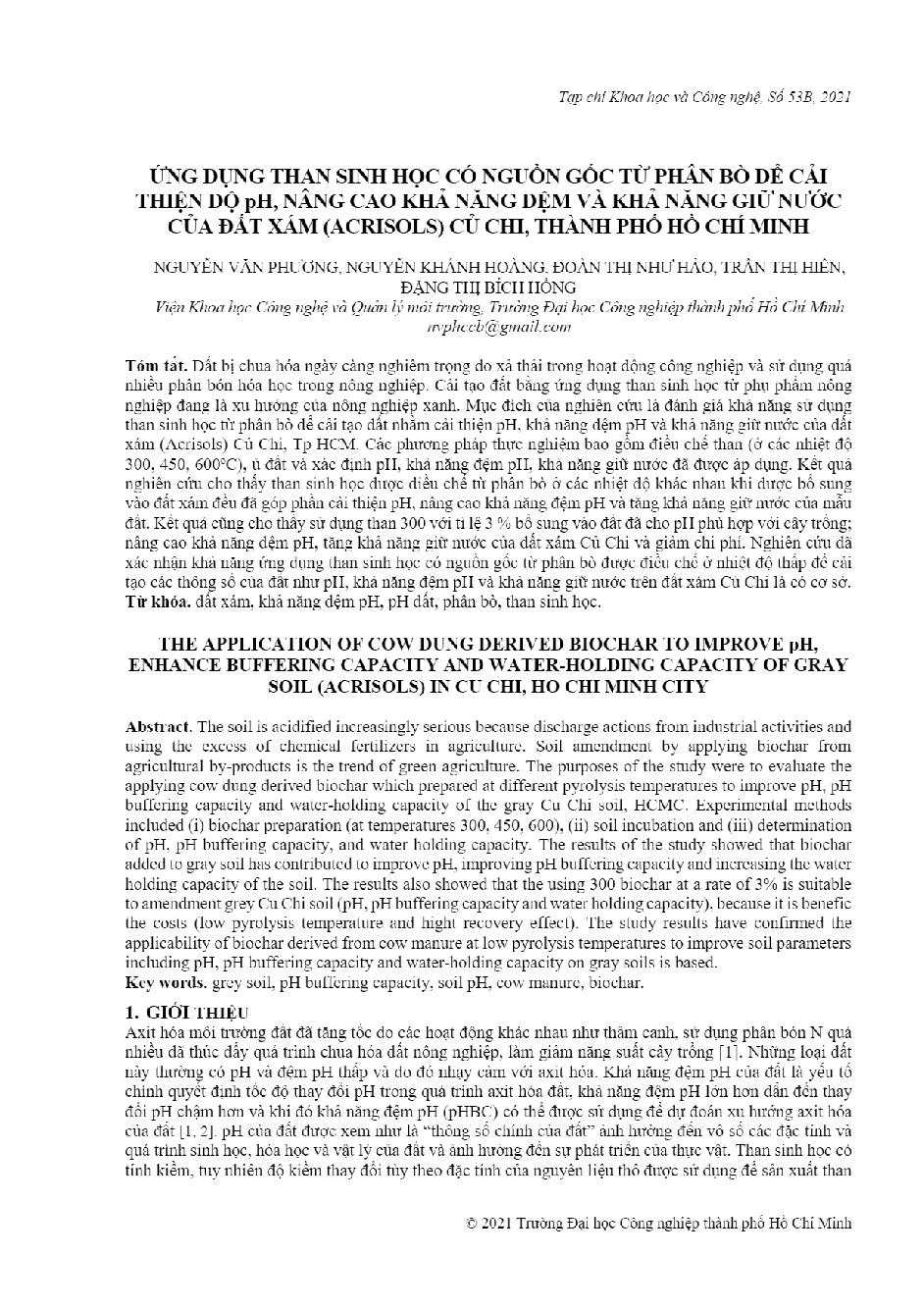 Ứng dụng than sinh học có nguồn gốc từ phân bò để cải thiện độ ph, nâng cao khả năng đệm và khả năng giữ nước của đất xám (acrisols) Củ Chi, Thành phố Hồ Chí Minh