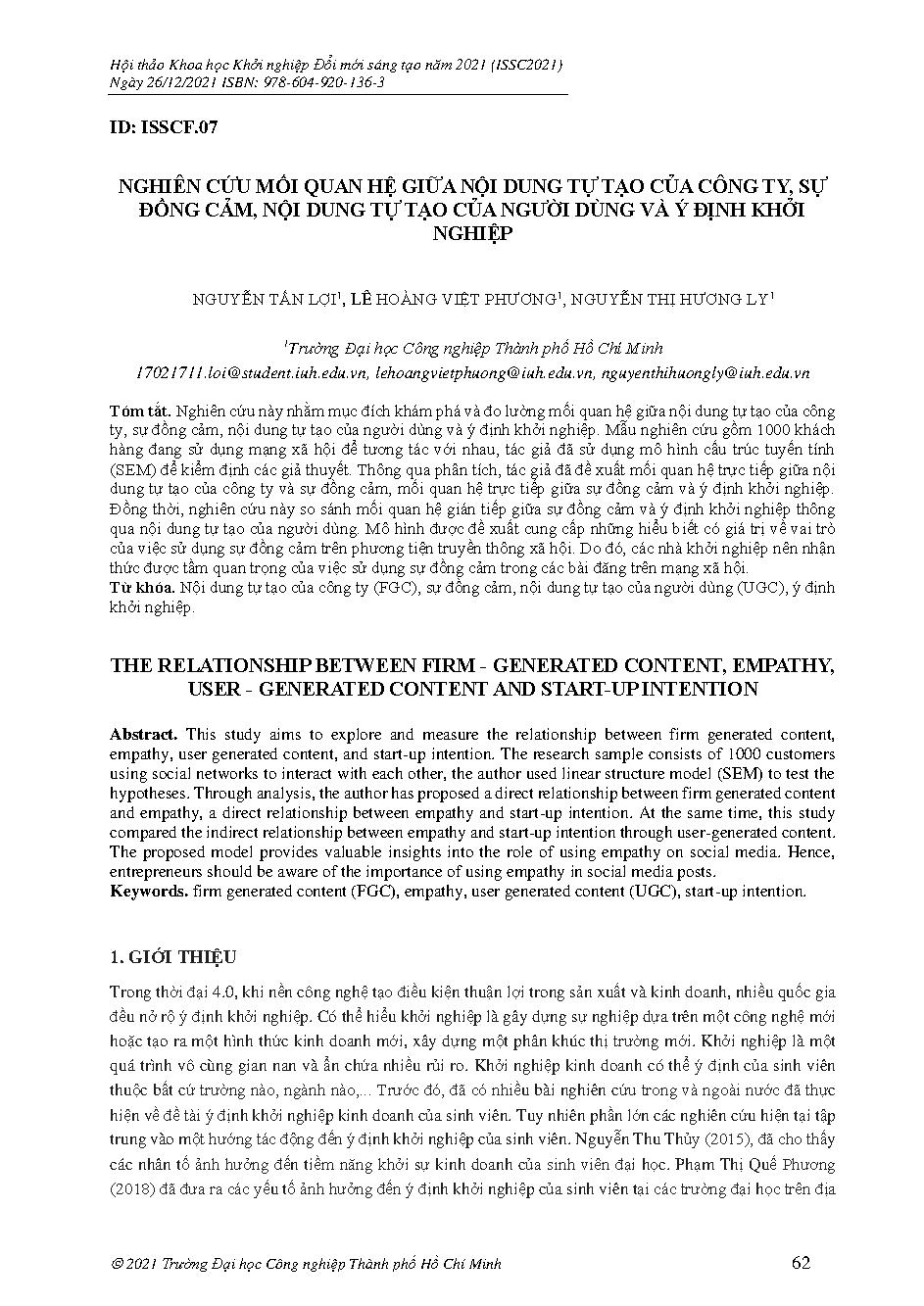 Nghiên cứu mối quan hệ giữa nội dung tự tạo của công ty, sự đồng cảm, nội dung tự tạo của người dùng và ý định khởi nghiệp