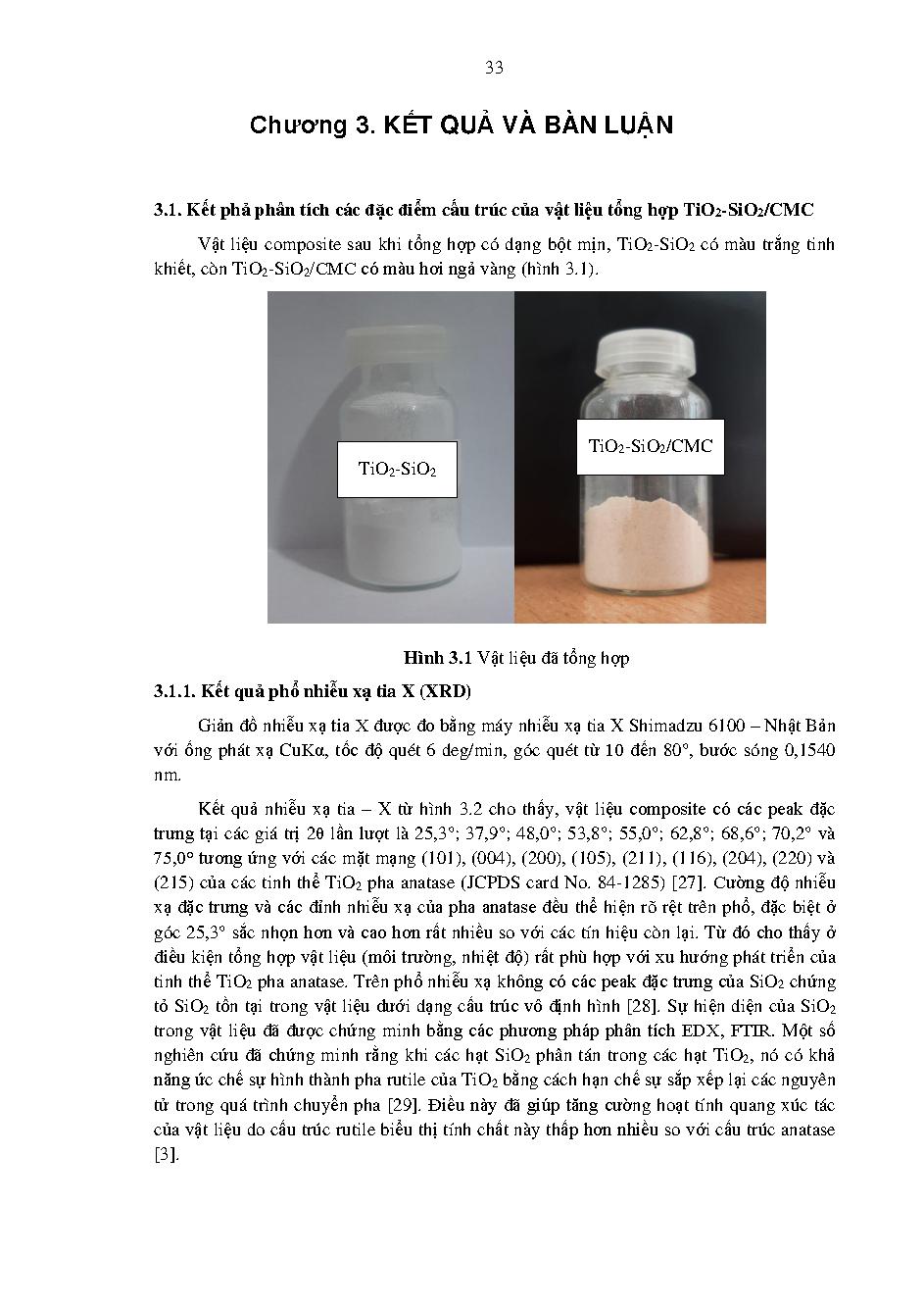 Nghiên cứu tổng hợp vật liệu nano composite TiO2-SiO2 tích hợp CMC ứng dụng xử lý chất màu nhuộm Methylene Blue : Khóa luận tốt nghiệp Khoa Công nghệ Hóa học - Chuyên ngành: Công nghệ Hóa Vô cơ