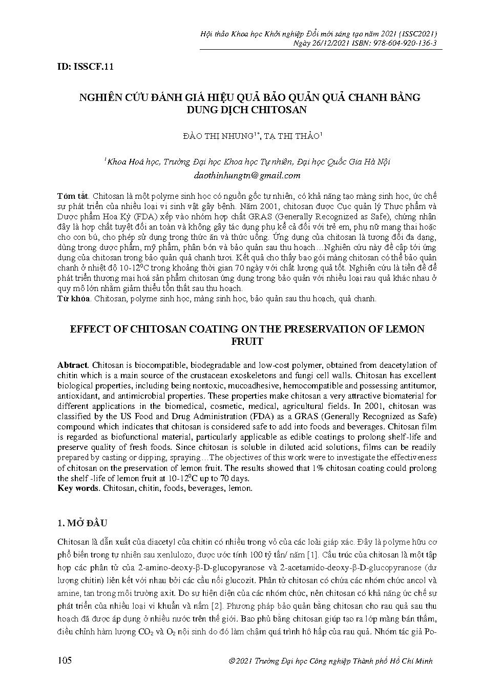 Nghiên cứu đánh giá hiệu quả bảo quản quả chanh bằng dung dịch chitosan