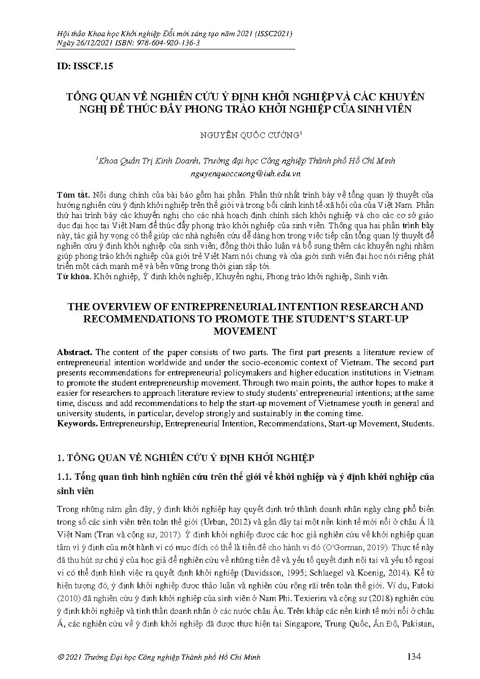 Tổng quan về nghiên cứu ý định khởi nghiệp và các khuyến nghị để thúc đẩy phong trào khởi nghiệp của sinh viên