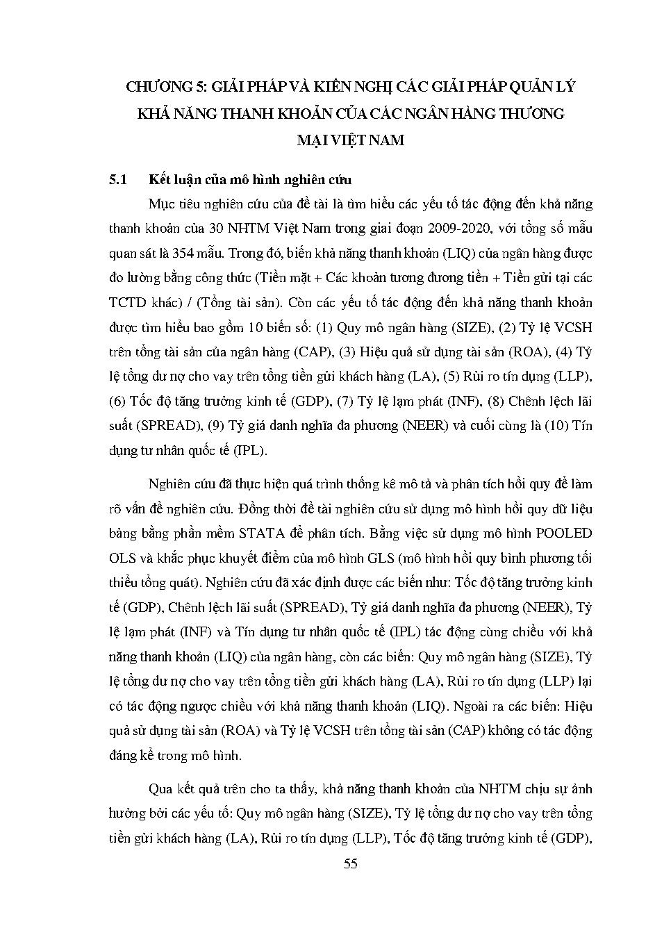 Các yếu tố tác động đến khả năng thanh khoản của các ngân hàng thương mại Việt Nam :Khóa luận tốt nghiệp Khoa Khoa Tài chính – Ngân hàng