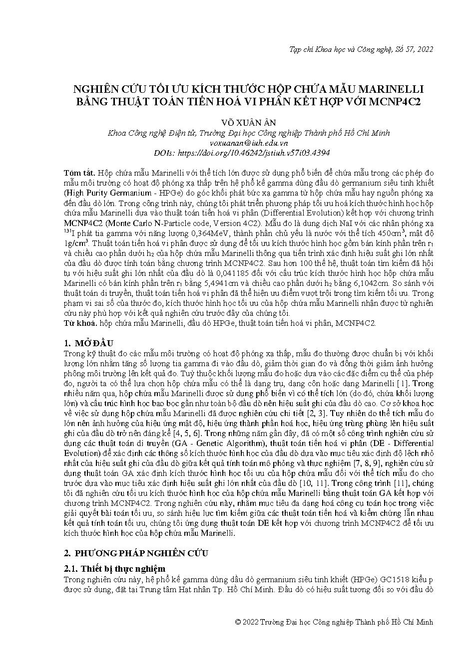Nghiên cứu tối ưu kích thước hộp chứa mẫu marinelli bằng thuật toán tiến hoá vi phân kết hợp với MCNP4C2