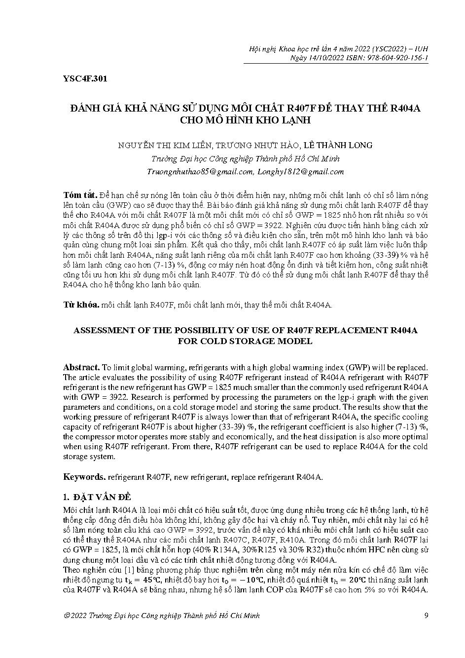 Đánh giá khả năng sử dụng môi chất R407f để thay thế R404a cho mô hình kho lạnh :Hội nghị khoa học trẻ lần 4