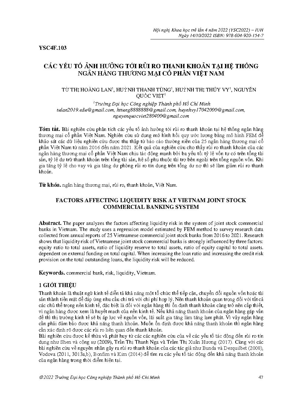 Các yếu tố ảnh hưởng tới rủi ro thanh khoản tại hệ thống ngân hàng thương mại cổ phần Việt Nam :Hội nghị khoa học trẻ lần 4