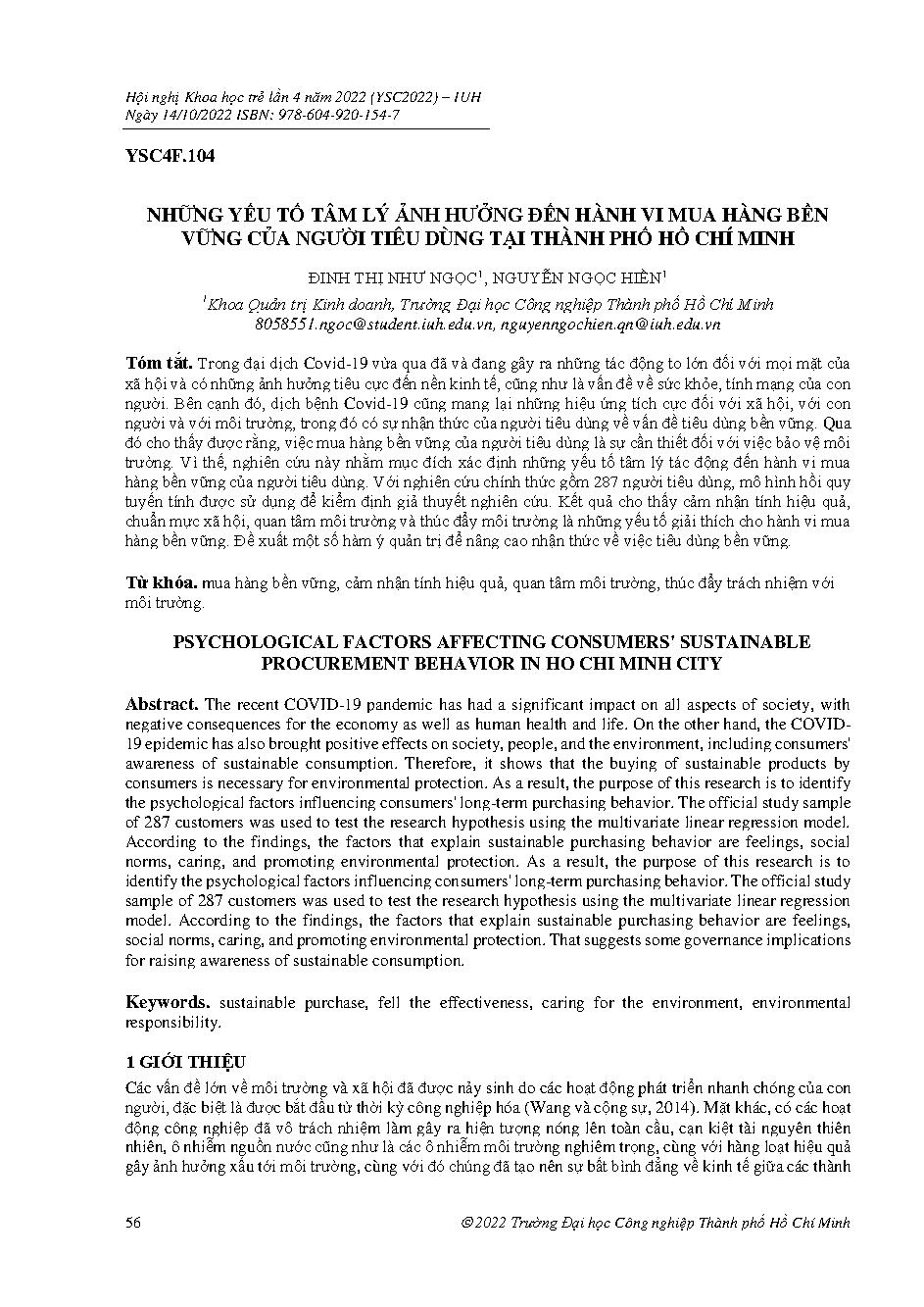 Những yếu tố tâm lý ảnh hưởng đến hành vi mua hàng bền vững của người tiêu dùng tại thành phố Hồ Chí Minh :Hội nghị khoa học trẻ lần 4