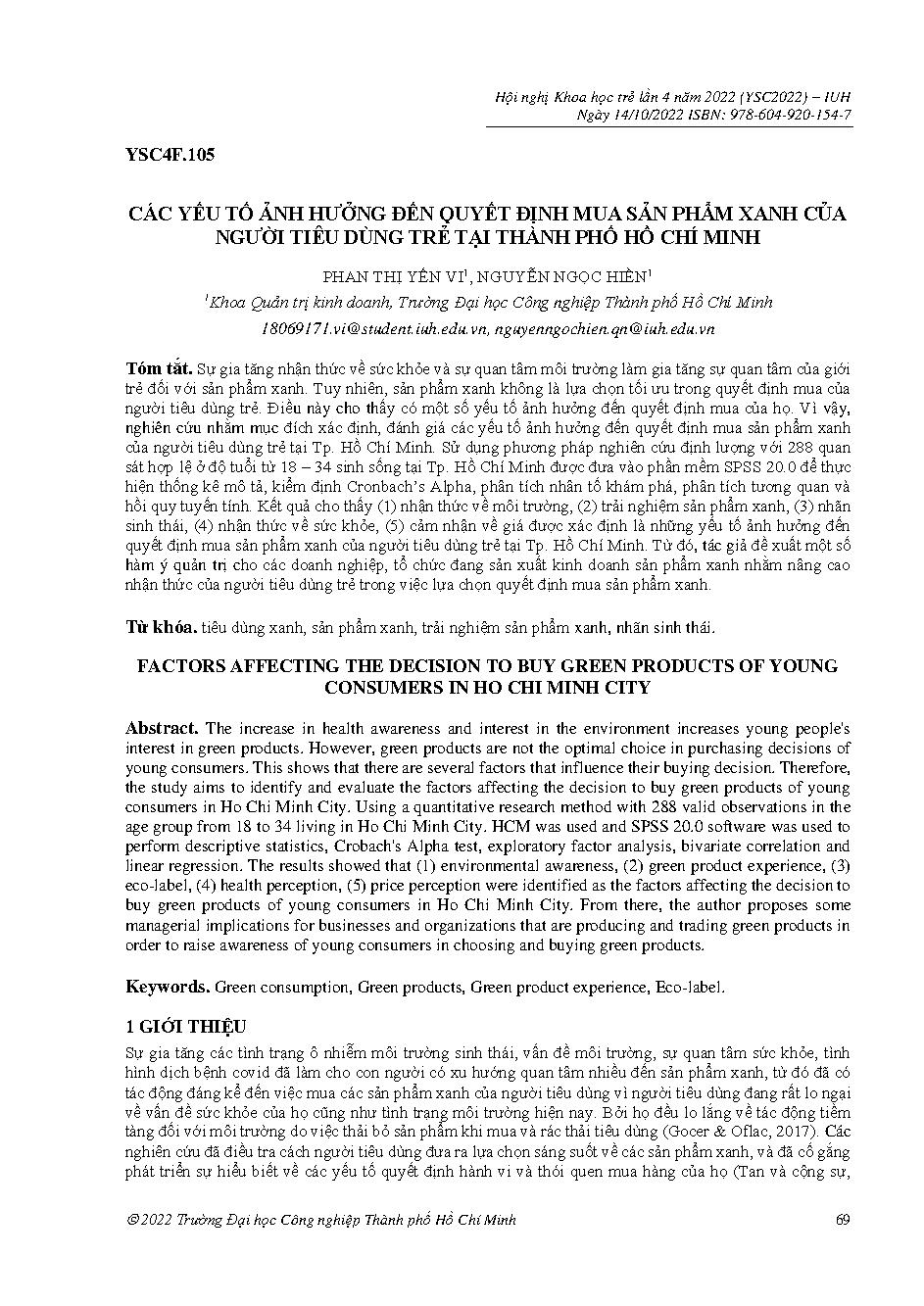 Các yếu tố ảnh hưởng đến quyết định mua sản phẩm xanh của người tiêu dùng trẻ tại thành phố Hồ Chí Minh :Hội nghị khoa học trẻ lần 4