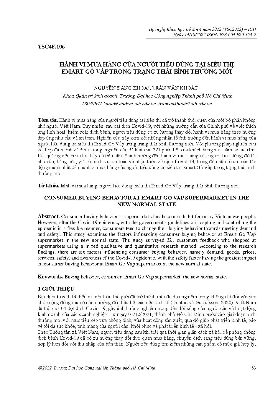 Hành vi mua hàng của người tiêu dùng tại siêu thị emart gò vấp trong trạng thái bình thường mới :Hội nghị khoa học trẻ lần 4
