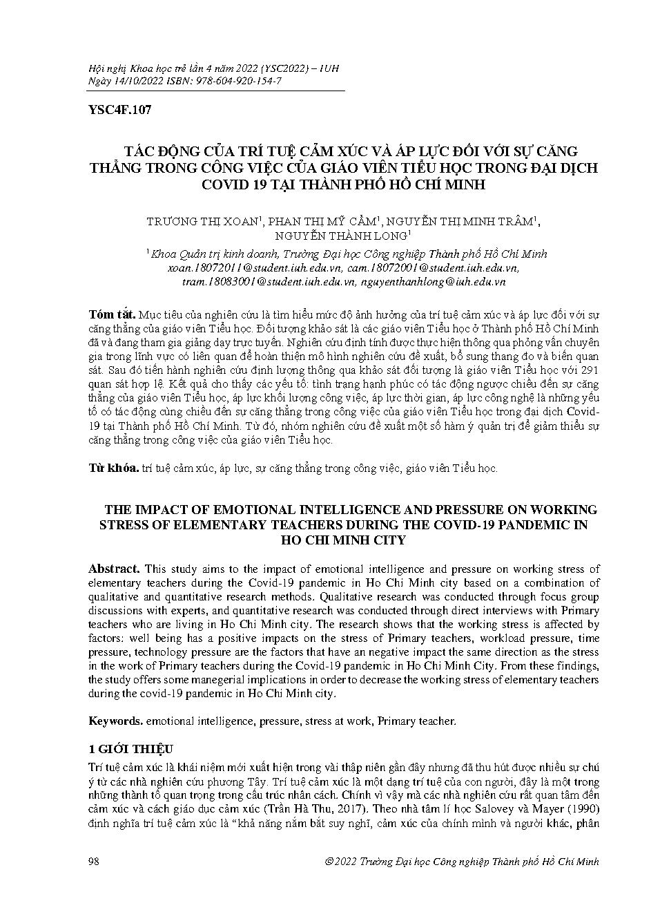 Tác động của trí tuệ cảm xúc và áp lực đối với sự căng thẳng trong công việc của giáo viên tiểu học trong đại dịch covid 19 tại Thành phố Hồ Chí Minh :Hội nghị khoa học trẻ lần 4