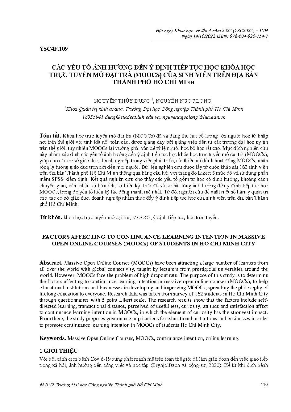 Các yếu tố ảnh hưởng đến ý định tiếp tục học khóa học trực tuyến mở đại trà (moocs) của sinh viên trên địa bàn thành phố Hồ Chí Minh :Hội nghị khoa học trẻ lần 4