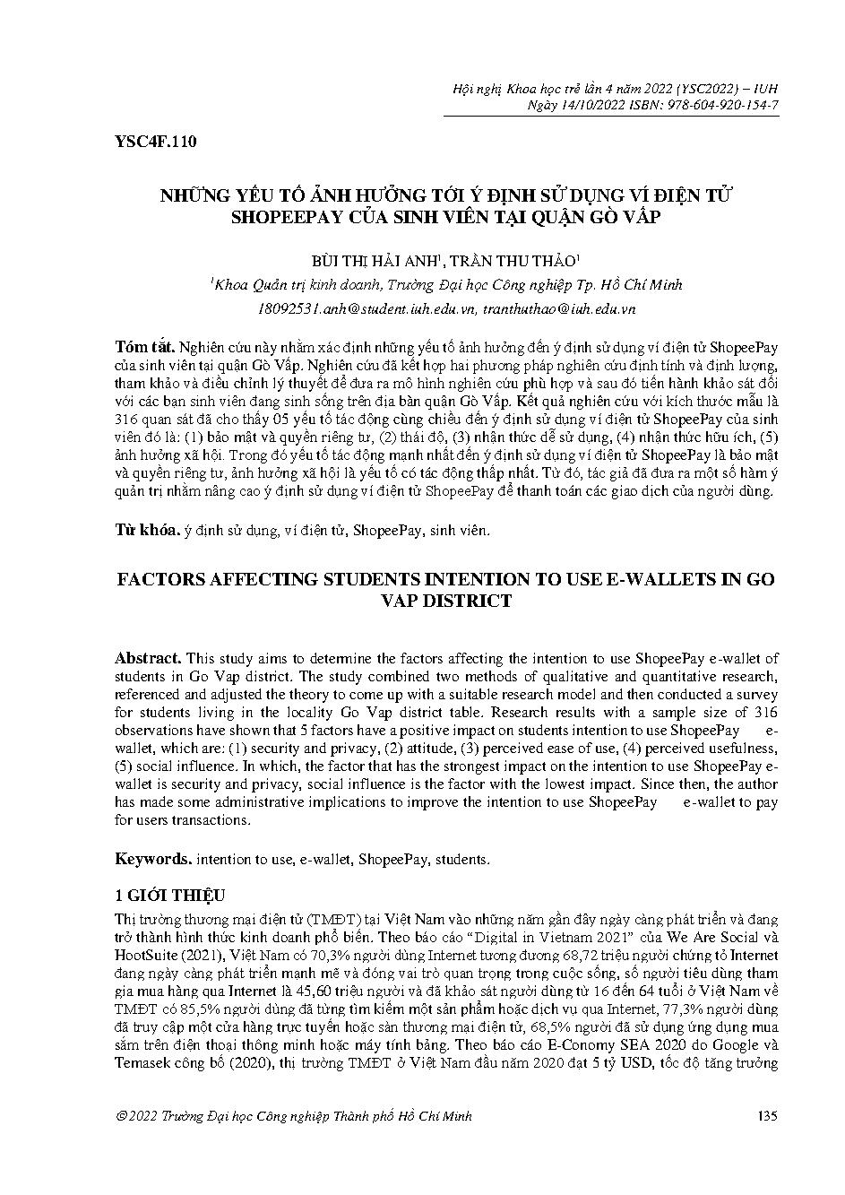 Những yếu tố ảnh hưởng tới ý định sử dụng ví điện tử shopeepay của sinh viên tại quận Gò Vấp :Hội nghị khoa học trẻ lần 4