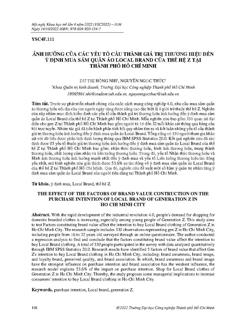 Ảnh hưởng của các yếu tố cấu thành giá trị thương hiệu đến ý định mua sắm quần áo local brand của thế hệ z tại thành phố Hồ Chí Minh :Hội nghị khoa học trẻ lần 4