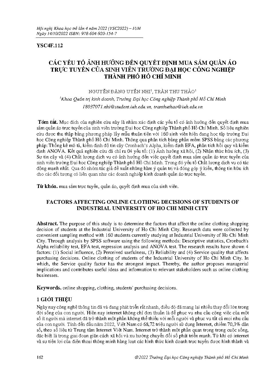 Các yếu tố ảnh hưởng đến quyết định mua sắm quần áo trực tuyến của sinh viên trường Đại học Công nghiệp thành phố Hồ Chí Minh :Hội nghị khoa học trẻ lần 4