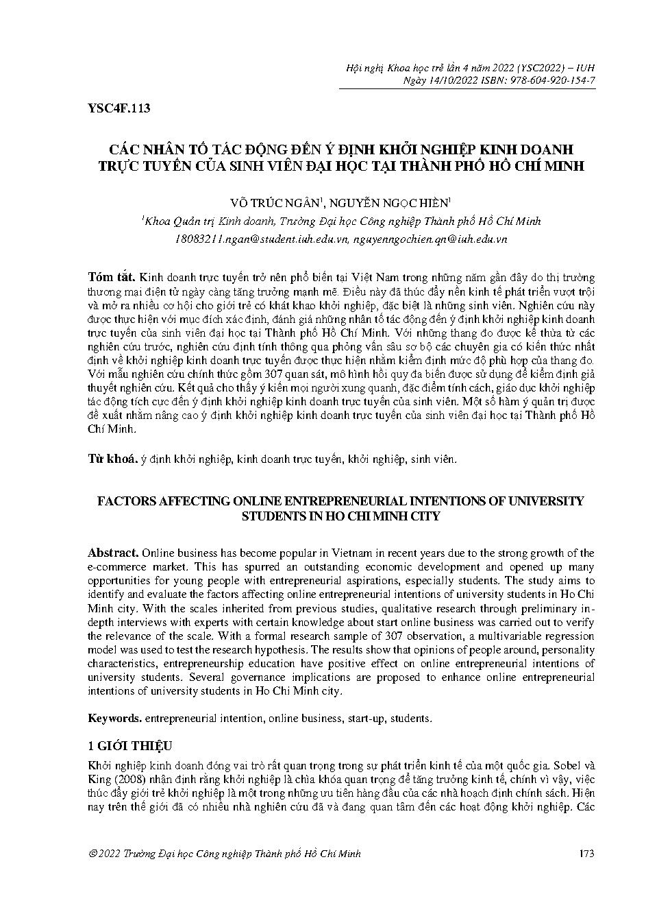 Các nhân tố tác động đến ý định khởi nghiệp kinh doanh trực tuyến của sinh viên đại học tại thành phố Hồ Chí Minh :Hội nghị khoa học trẻ lần 4