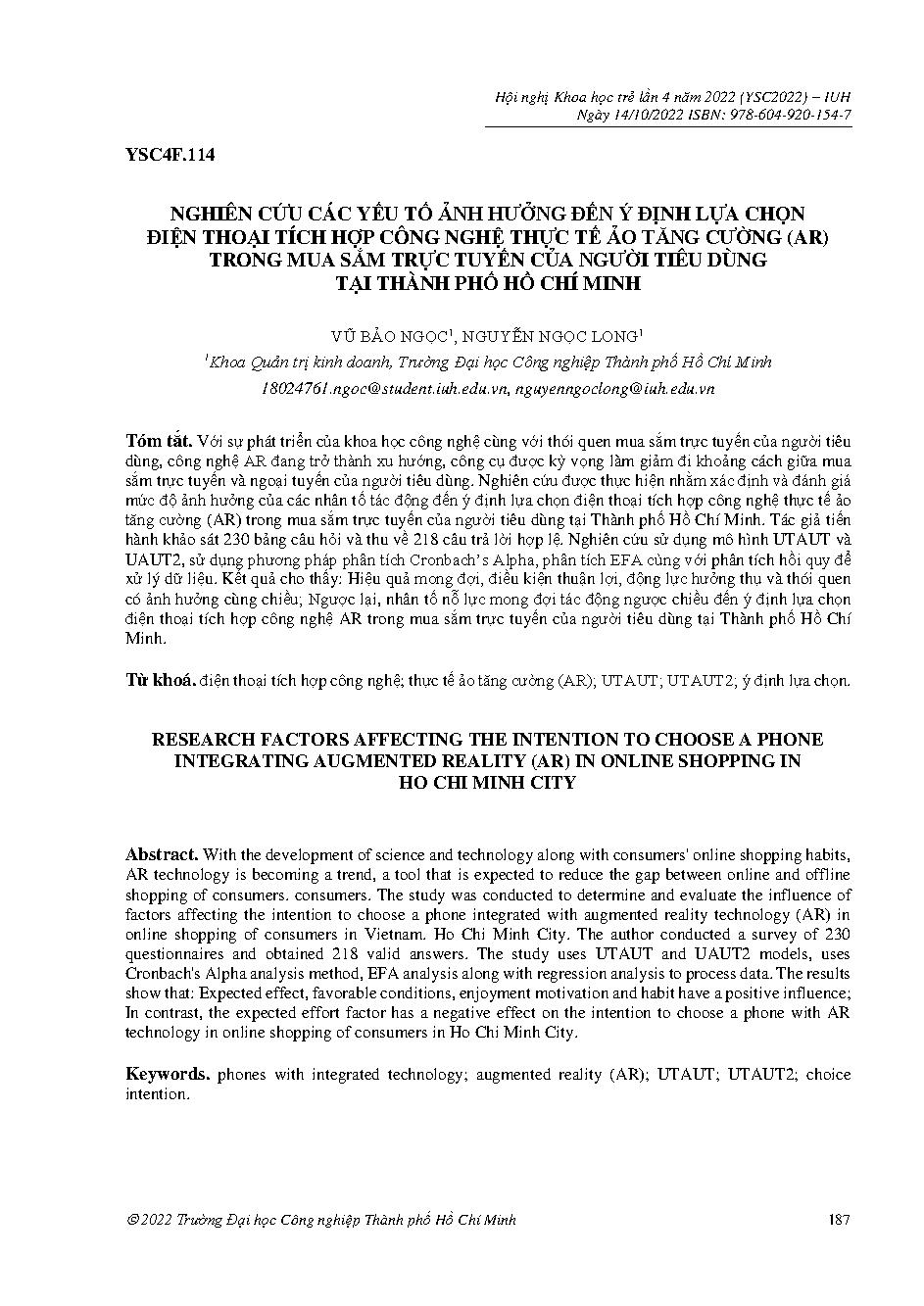 Nghiên cứu các yếu tố ảnh hưởng đến ý định lựa chọn điện thoại tích hợp công nghệ thực tế ảo tăng cường (AR) trong mua sắm trực tuyến của người tiêu dùng tại thành phố Hồ Chí Minh :Hội nghị khoa học trẻ lần 4