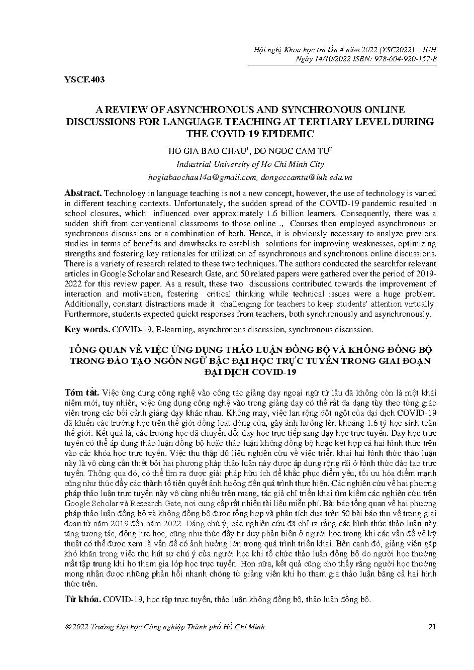 A review of asynchronous and synchronous online discussions for language teaching at tertiary level during the covid-19 epidemic :Hội nghị khoa học trẻ lần 4