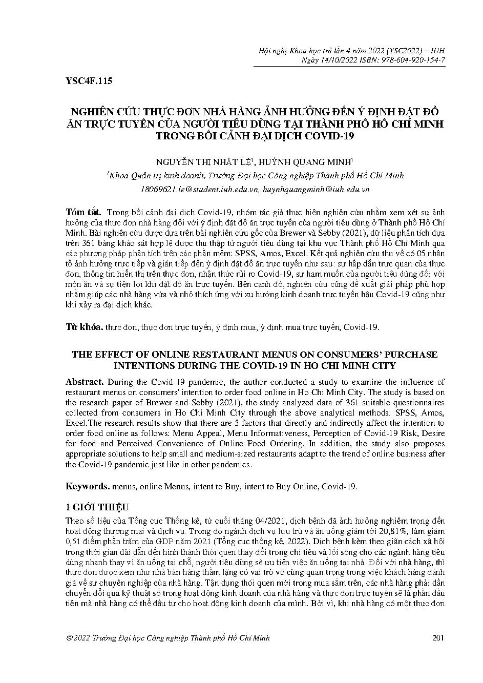 Nghiên cứu thực đơn nhà hàng ảnh hưởng đến ý định đặt đồ ăn trực tuyến của người tiêu dùng tại thành phố Hồ Chí Minh trong bối cảnh đại dịch covid-19 :Hội nghị khoa học trẻ lần 4