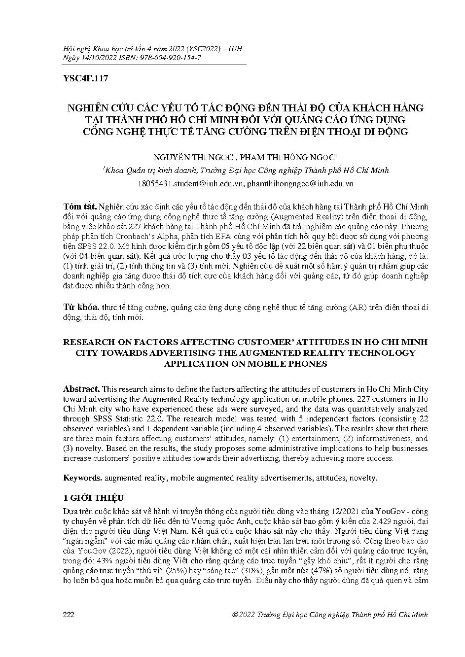 Nghiên cứu các yếu tố tác động đến thái độ của khách hàng tại thành phố Hồ Chí Minh đối với quảng cáo ứng dụng công nghệ thực tế tăng cường trên điện thoại di động :Hội nghị khoa học trẻ lần 4