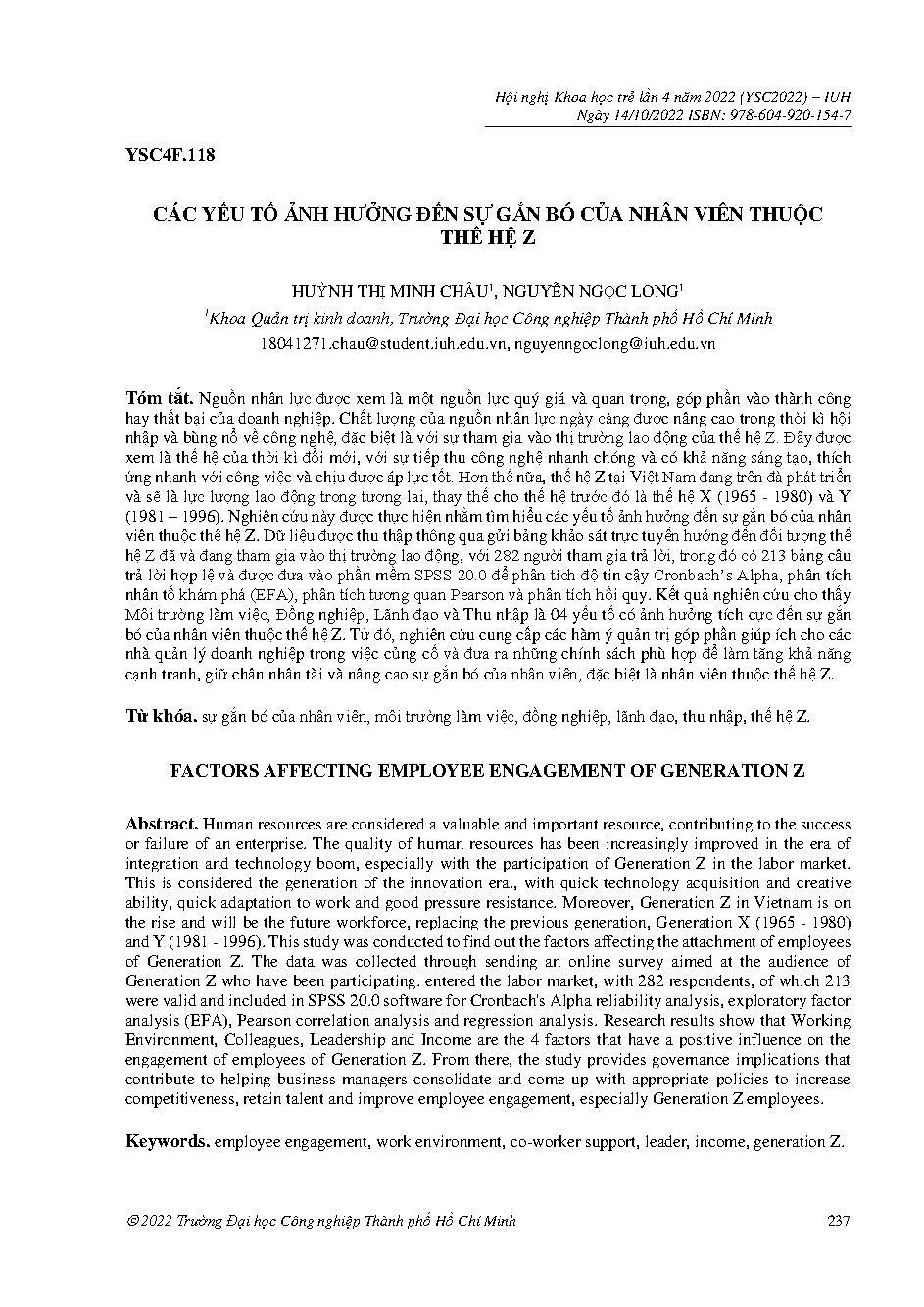 Các yếu tố ảnh hưởng đến sự gắn bó của nhân viên thuộc thế hệ z :Hội nghị khoa học trẻ lần 4