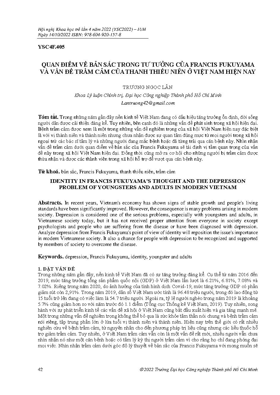 Quan điểm về bản sắc trong tư tưởng của francis fukuyama và vấn đề trầm cảm của thanh thiếu niên ở Việt Nam hiện nay :Hội nghị khoa học trẻ lần 4