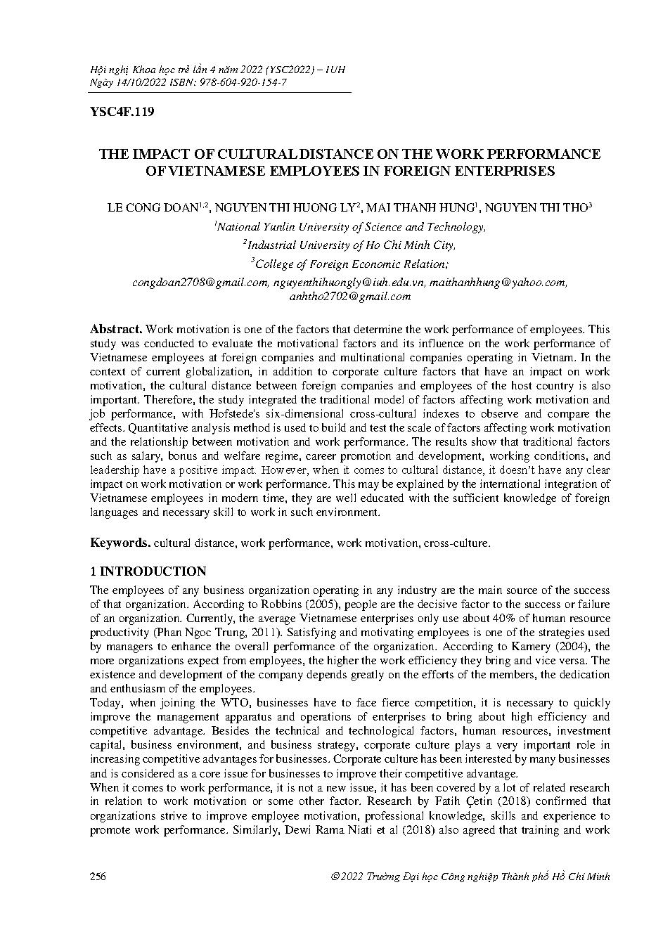 The impact of cultural distance on the work performance of vietnamese employees in foreign enterprises :Hội nghị khoa học trẻ lần 4