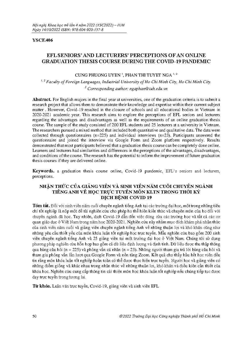 Efl seniors’ and lecturers’ perceptions of an online graduation thesis course during the Covid-19 pandemic :Hội nghị khoa học trẻ lần 4