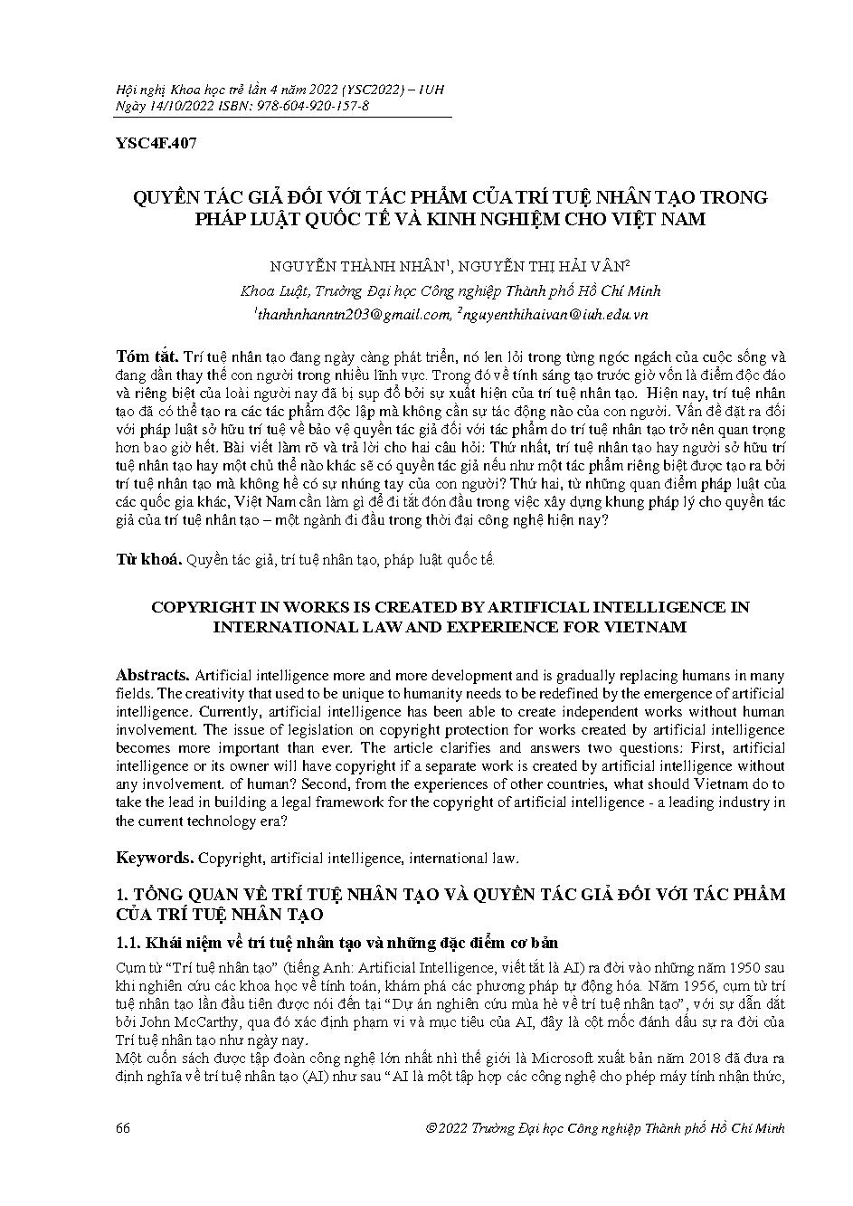 Quyền tác giả đối với tác phẩm của trí tuệ nhân tạo trong pháp luật quốc tế và kinh nghiệm cho Việt Nam :Hội nghị khoa học trẻ lần 4