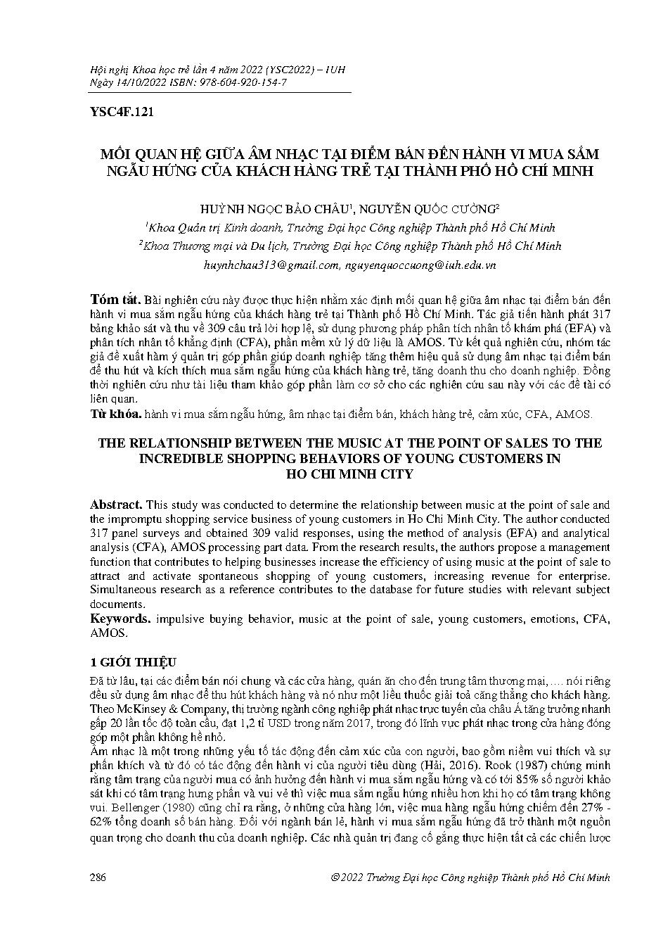 Mối quan hệ giữa âm nhạc tại điểm bán đến hành vi mua sắm ngẫu hứng của khách hàng trẻ tại thành phố Hồ Chí Minh :Hội nghị khoa học trẻ lần 4
