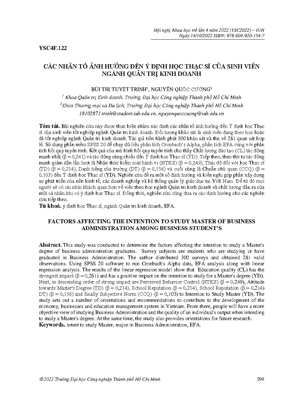 Các nhân tố ảnh hưởng đến ý định học thạc sĩ của sinh viên ngành quản trị kinh doanh :Hội nghị khoa học trẻ lần 4