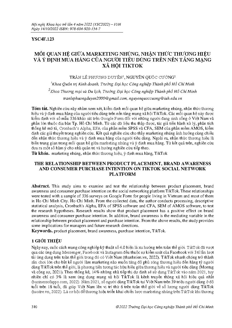 Mối quan hệ giữa marketing nhúng, nhận thức thương hiệu và ý định mua hàng của người tiêu dùng trên nền tảng mạng xã hội tiktok :Hội nghị khoa học trẻ lần 4