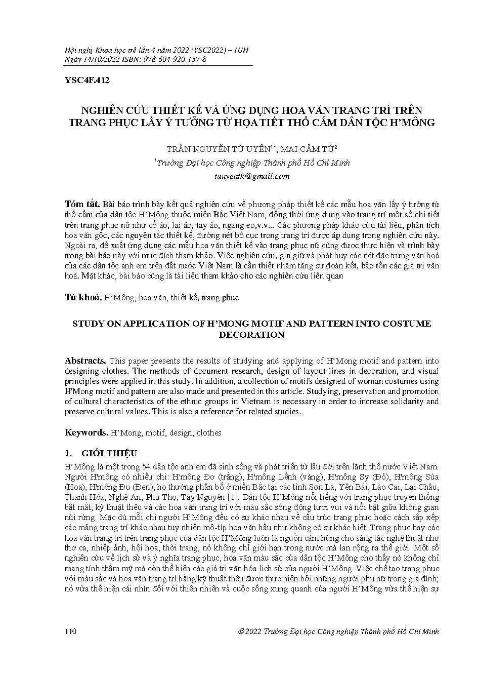 Nghiên cứu thiết kế và ứng dụng hoa văn trang trí trên trang phục lấy ý tưởng từ họa tiết thổ cẩm dân tộc H’Mông :Hội nghị khoa học trẻ lần 4