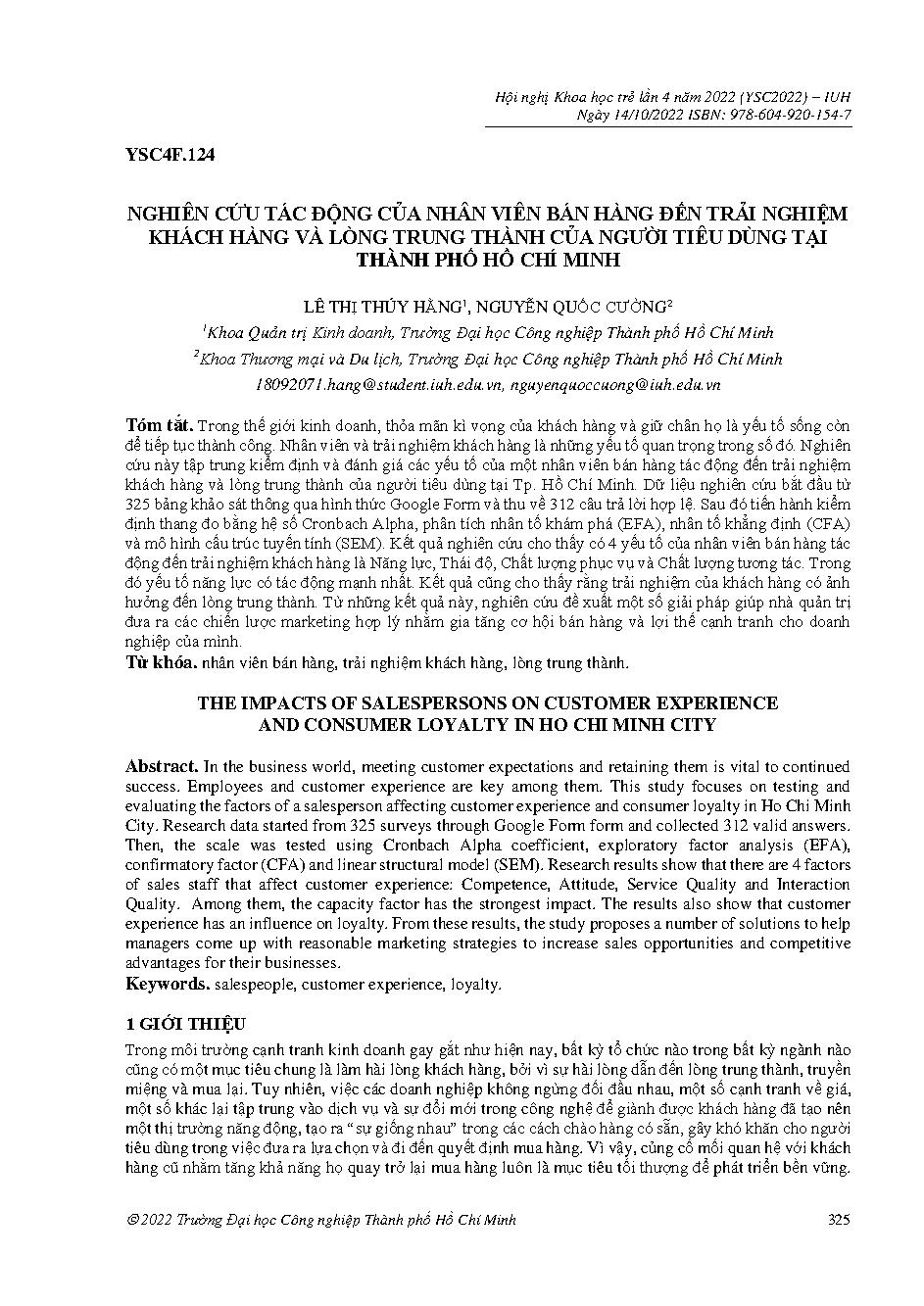 Nghiên cứu tác động của nhân viên bán hàng đến trải nghiệm khách hàng và lòng trung thành của người tiêu dùng tại thành phố Hồ Chí Minh :Hội nghị khoa học trẻ lần 4