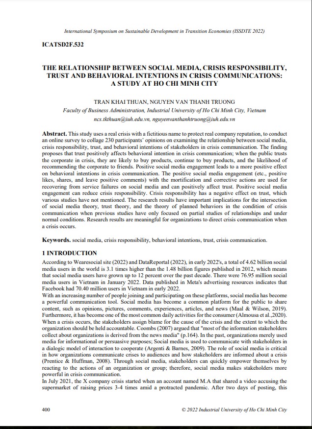 The relationship between social media, crisis responsibility, trust and behavioral intentions in crisis communications: A study at Ho Chi Minh city