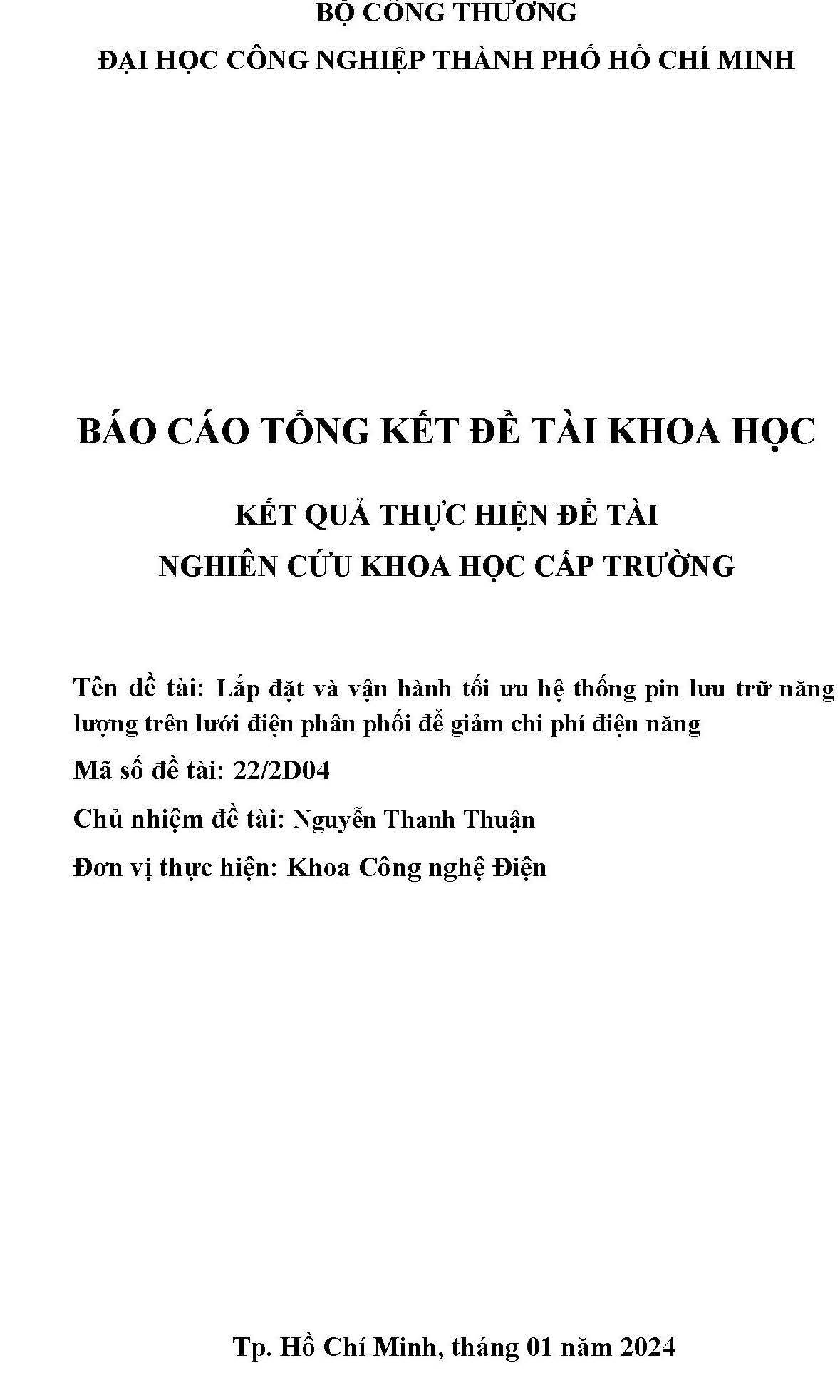 Lắp đặt và vận hành tối ưu hệ thống pin lưu trữ năng lượng trên lưới điện phân phối để giảm chi phí điện năng: Báo cáo tổng kết đề tài khoa học cấp Trường