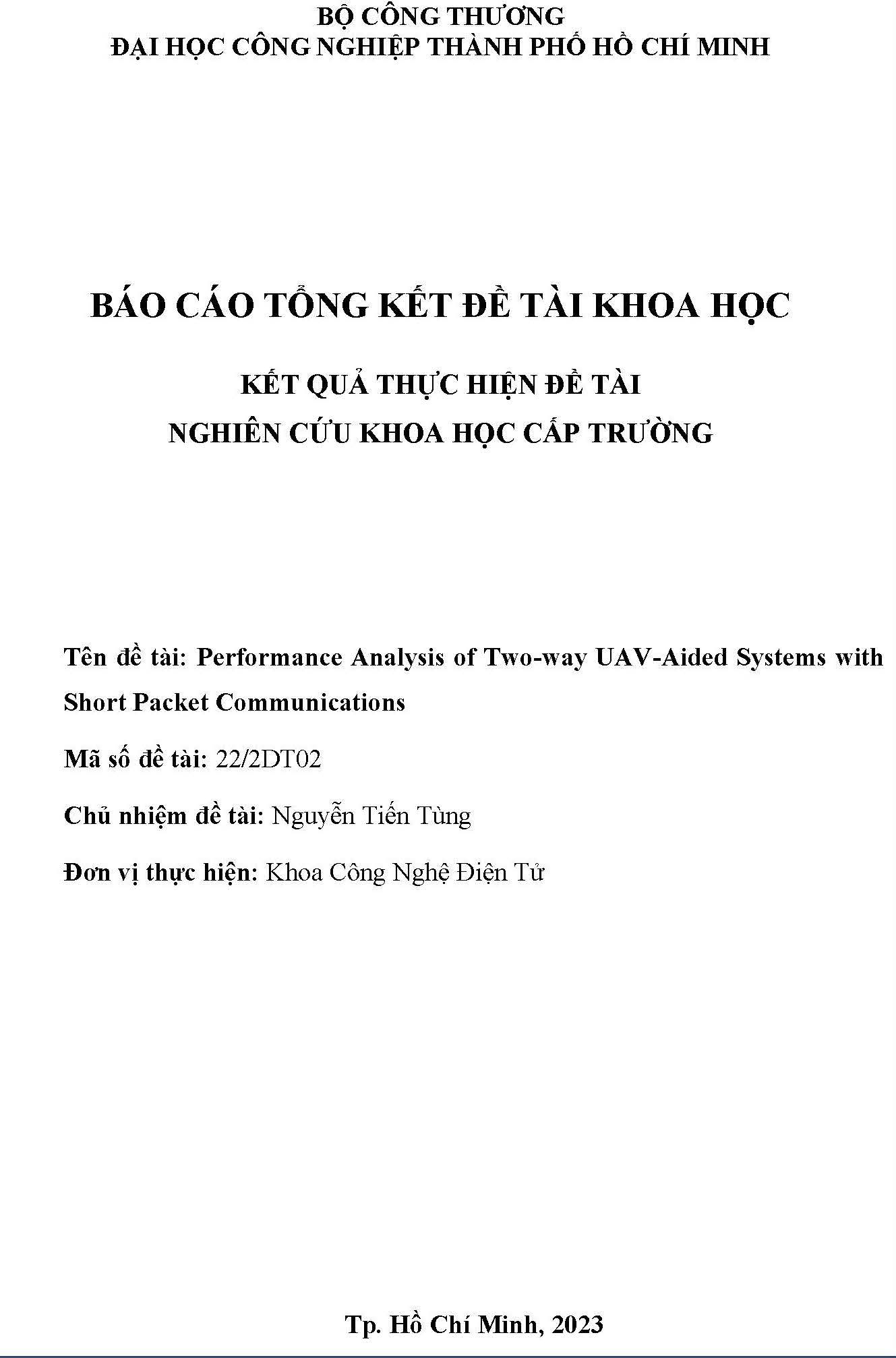 Performance Analysis of Two - way UAV-Aided Systems with Short Packet Communicamtion: Báo cáo tổng kết đề tài khoa học cấp Trường