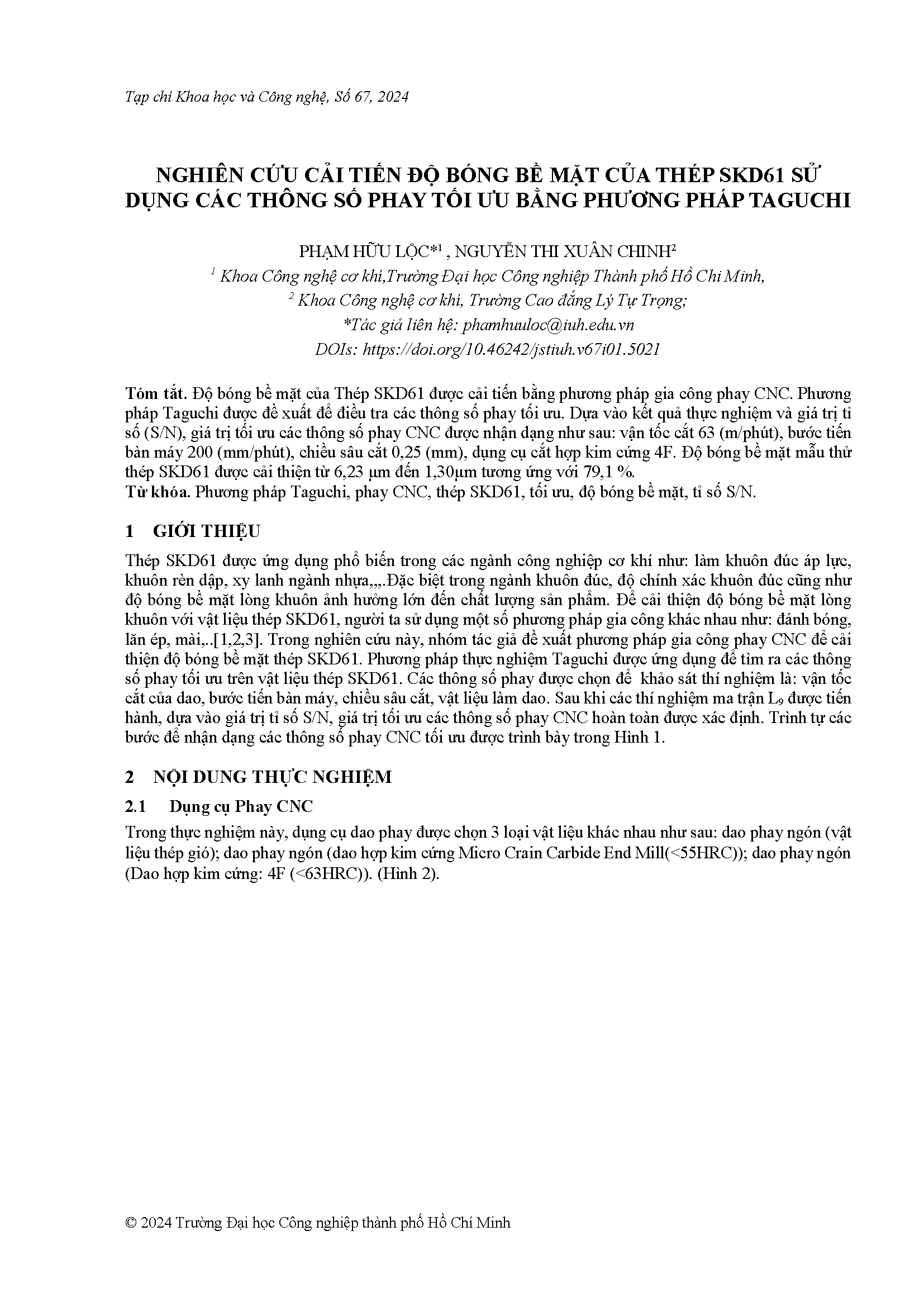 Nghiên cứu cải tiến độ bóng bề mặt của thép SKD61 sử dụng các thông số phay tối ưu bằng phương pháp Taguchi#Research for improvement of the surface finish of SKD61 steel using optimal milling parameters by Taguchi methods