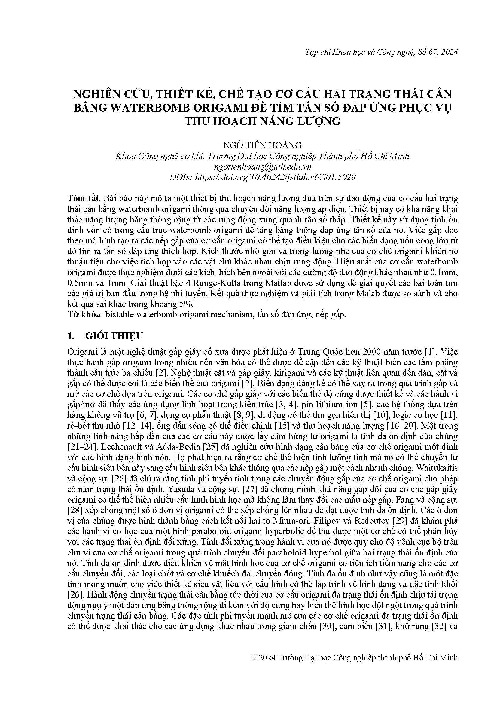 Nghiên cứu, thiết kế, chế tạo cơ cấu hai trạng thái cân bằng waterbomb origami để tìm tần số đáp ứng phục vụ thu hoạch năng lượng#Research, design and fabrication of bistable waterbomb origami mechanism to detect response frequency for energy harvesting