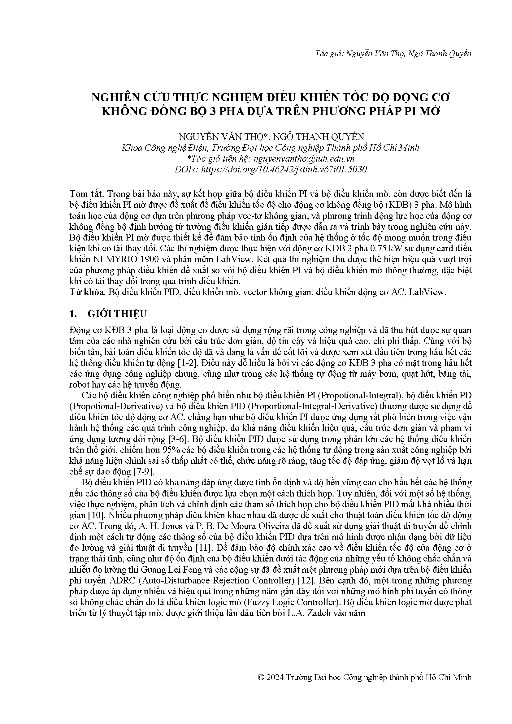 Nghiên cứu thực nghiệm điều khiển tốc độ động cơ không đồng bộ 3 pha dựa trên phương pháp PI mờ#Experimental study on a pi-type fuzzy controller for speed control of 3-phase asynchronous motor using labview