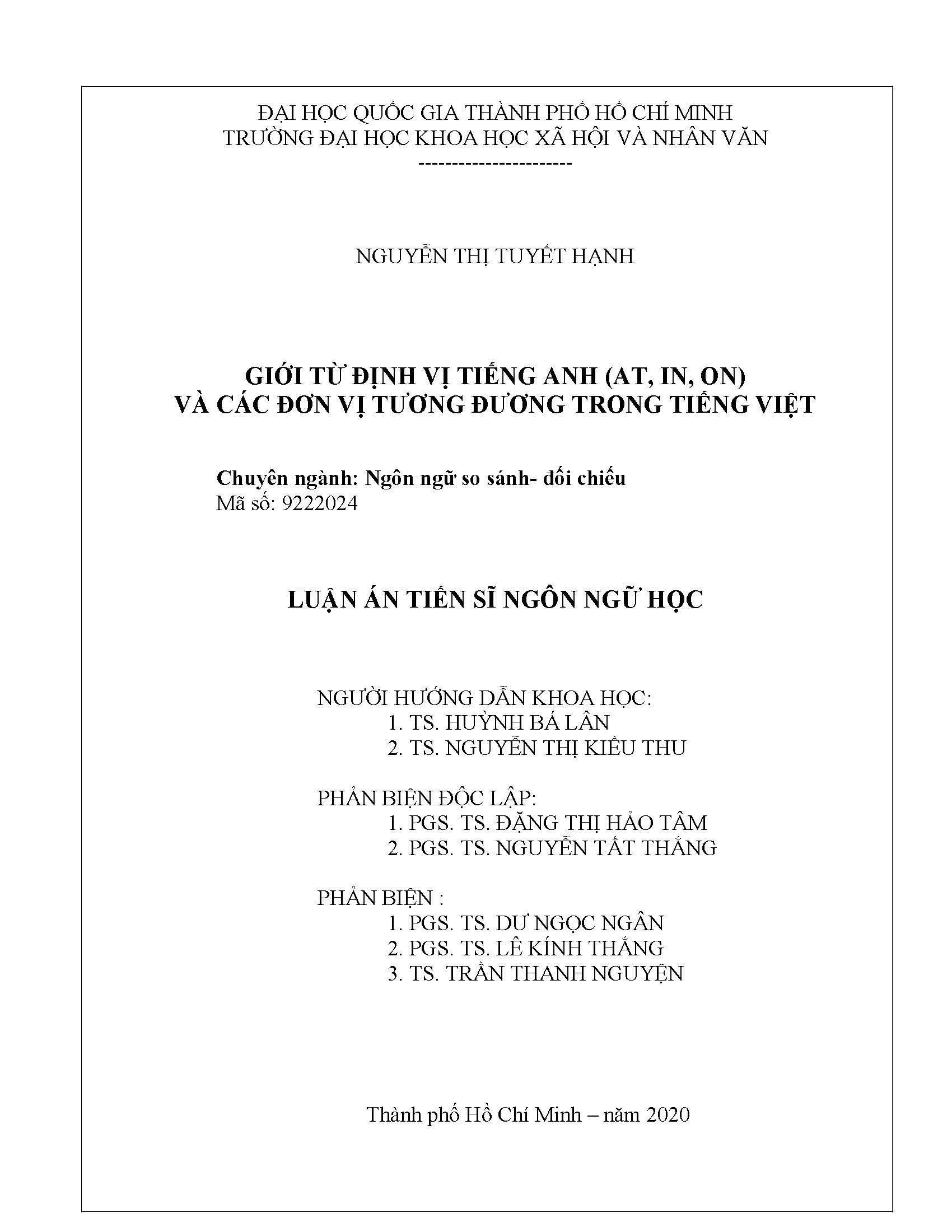 Giới từ định vị tiếng Anh (AT, IN, ON) và các đơn vị tương đương trong tiếng Việt: Luận án Tiến sĩ - Chuyên ngành: Ngôn ngữ học so sánh - đối chiếu