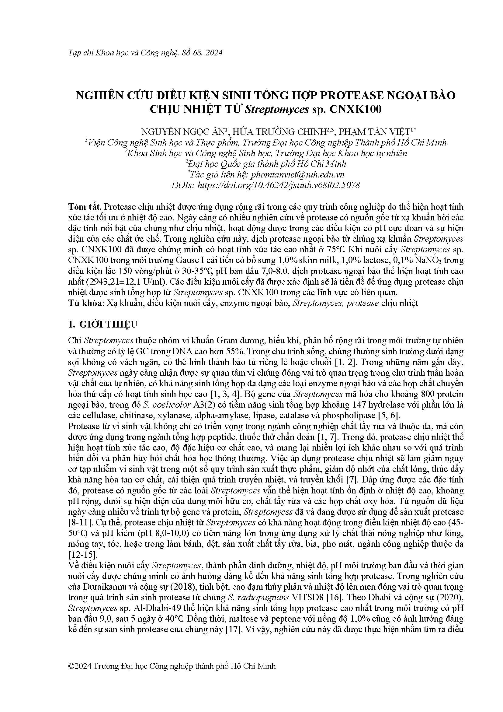Nghiên cứu điều kiện sinh tổng hợp protease ngoại bào chịu nhiệt từ streptomyces sp. cnxk100