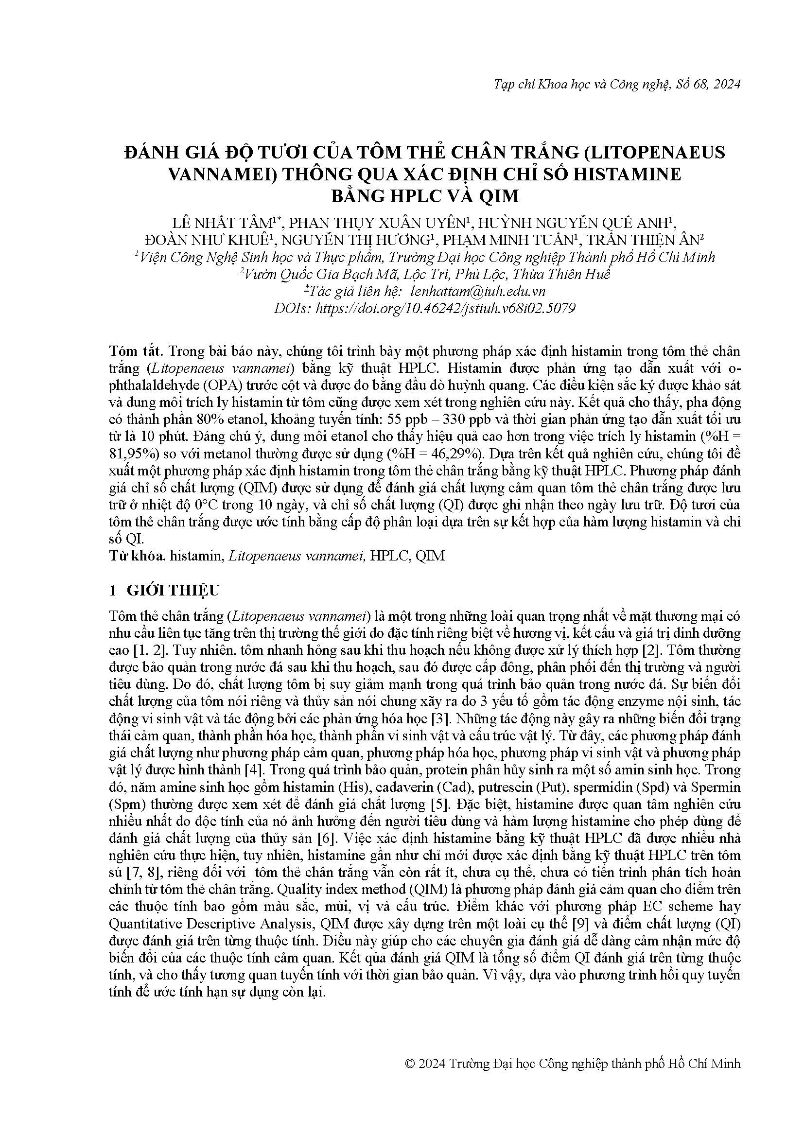 Đánh giá độ tươi của tôm thẻ chân trắng (litopenaeus vannamei) thông qua xác định chỉ số histamine bằng HPLC và QIM