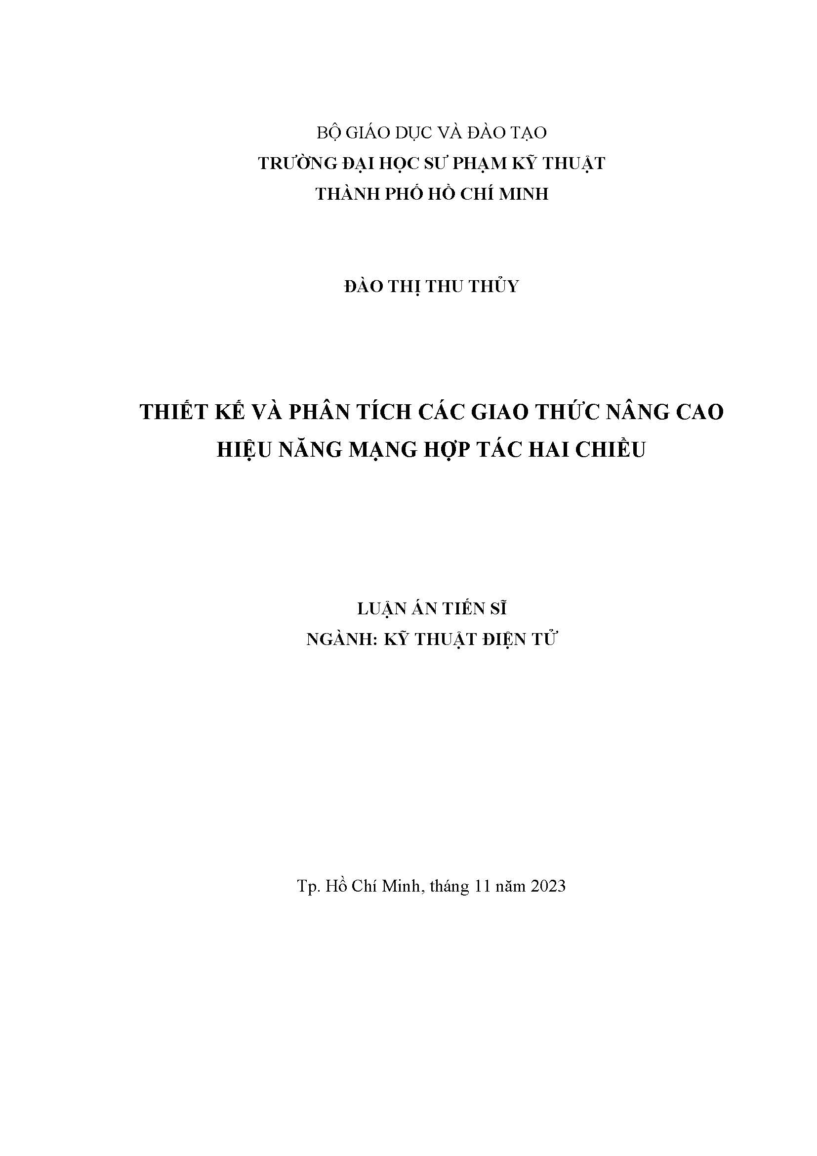 Thiết kế và phân tích các giao thức nâng cao hiệu năng mạng hợp tác hai chiều: Luận án Tiến sĩ - Chuyên ngành: Kỹ thuật Điện tử