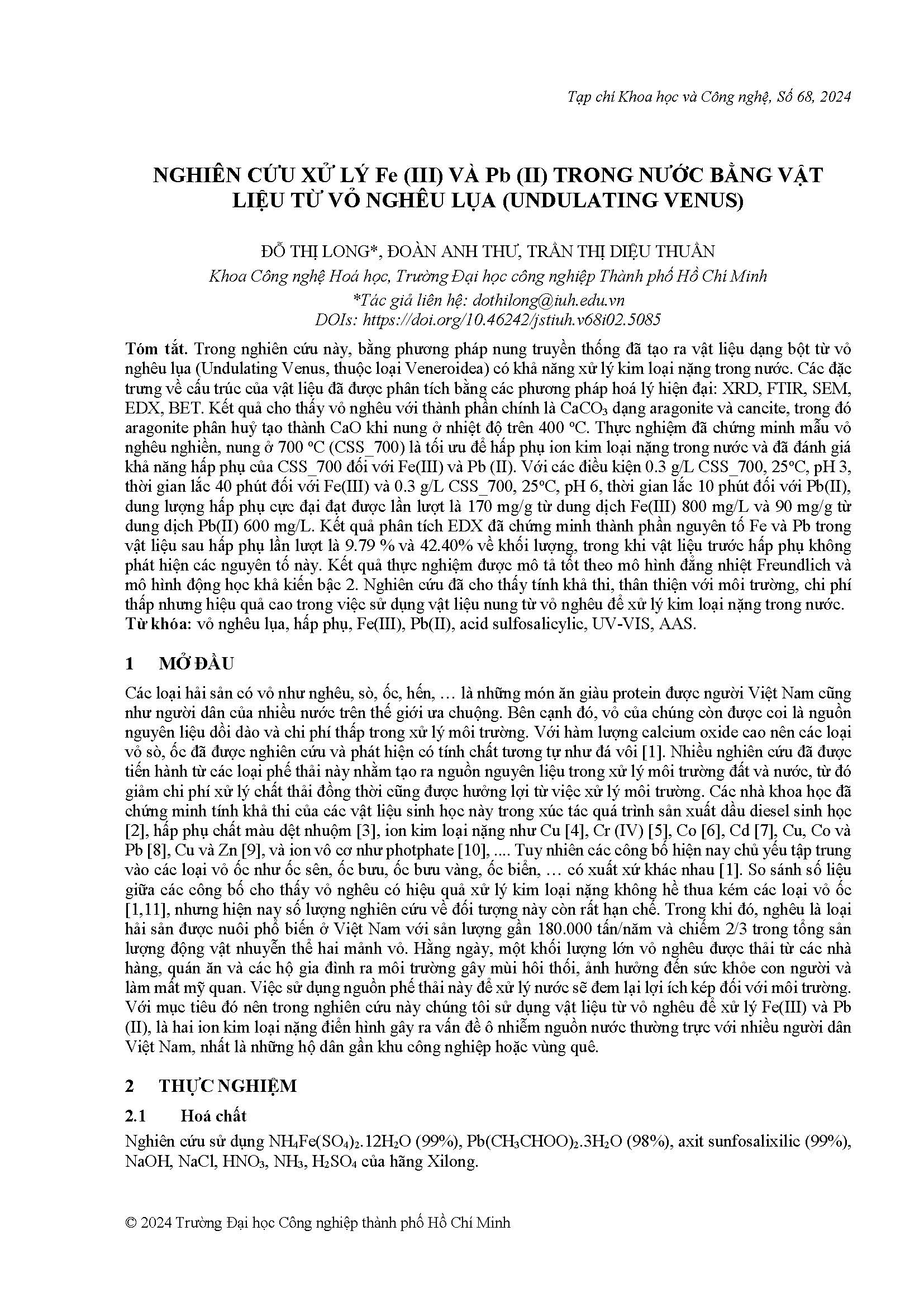 Nghiên cứu xử lý fe (iii) và pb (ii) trong nước bằng vật liệu từ vỏ nghêu lụa (undulating venus)