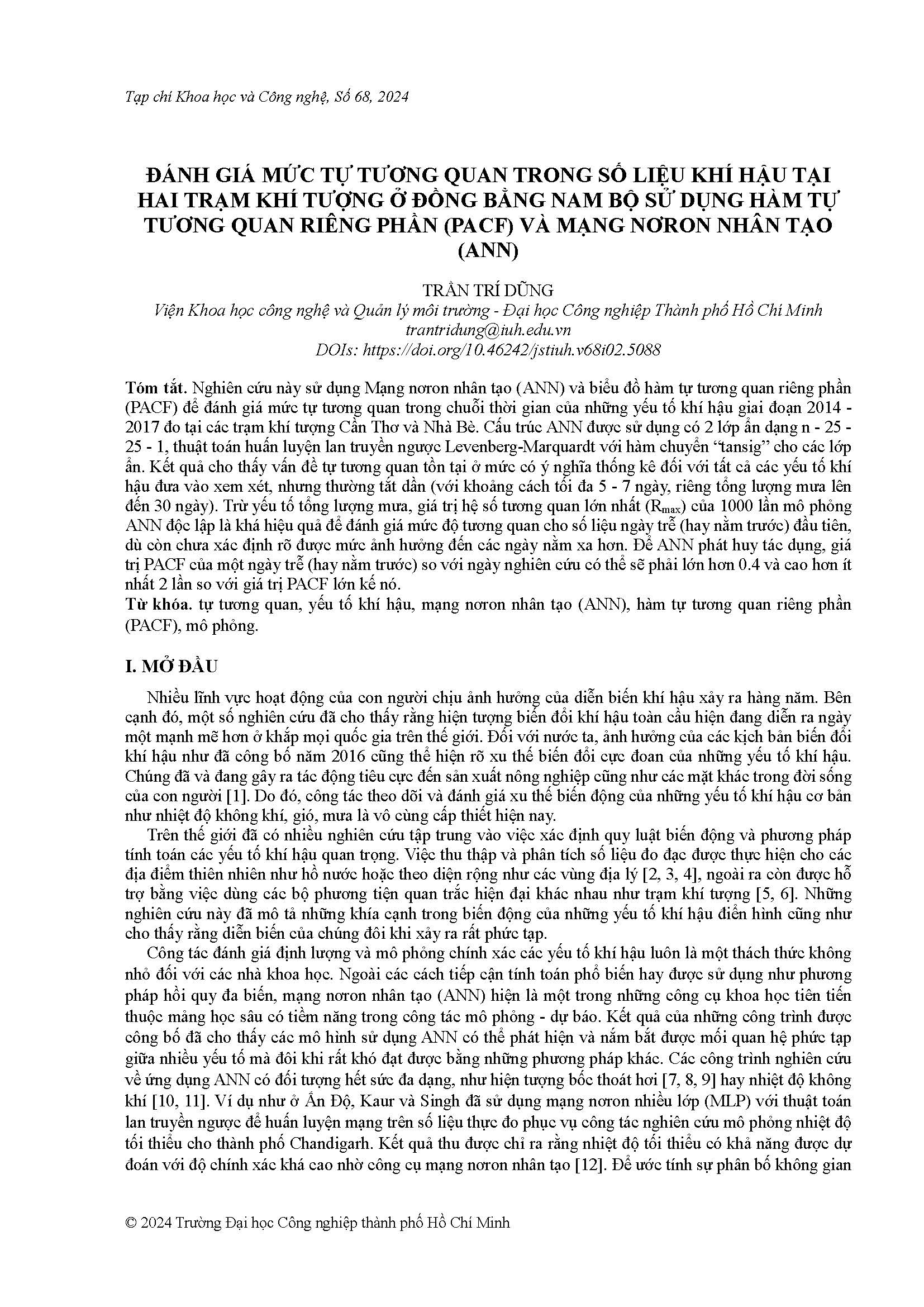 Đánh giá mức tự tương quan trong số liệu khí hậu tại hai trạm khí tượng ở đồng bằng Nam bộ sử dụng hàm tự tương quan riêng phần (PACF) và mạng nơron nhân tạo (ANN)