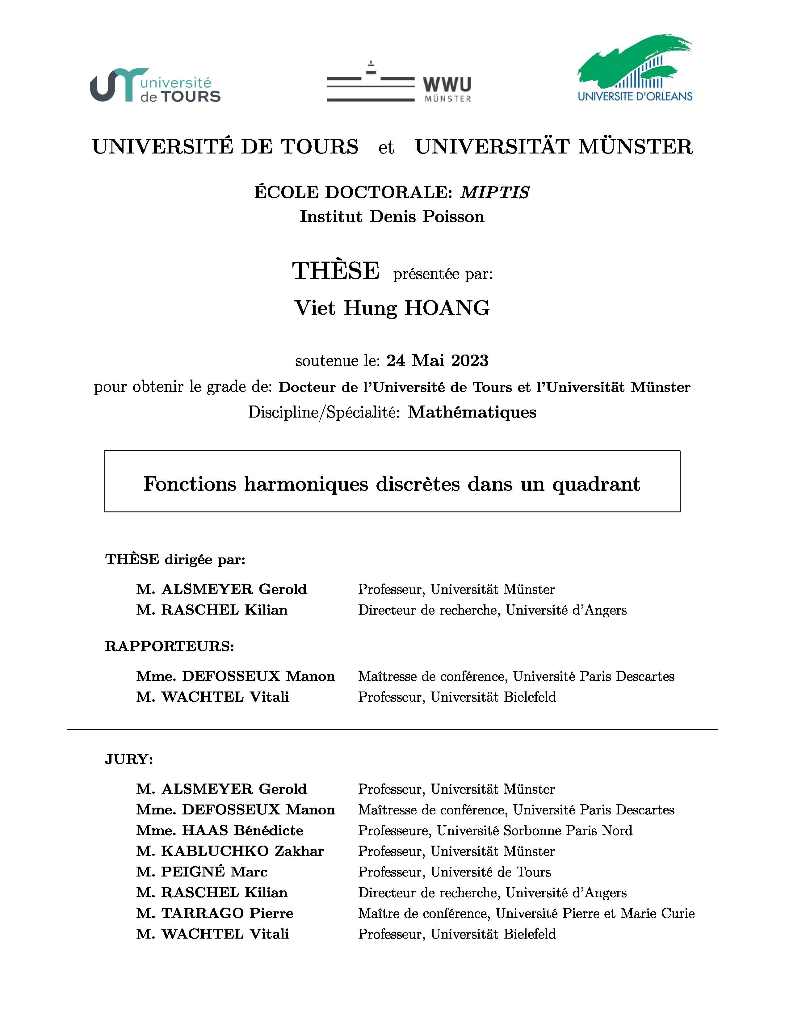 Fonctions harmoniques discretes dans un quadrant: Doctoral dissertation - Major: Mathematic#Hàm điều hòa rời rạc trong góc phần tư