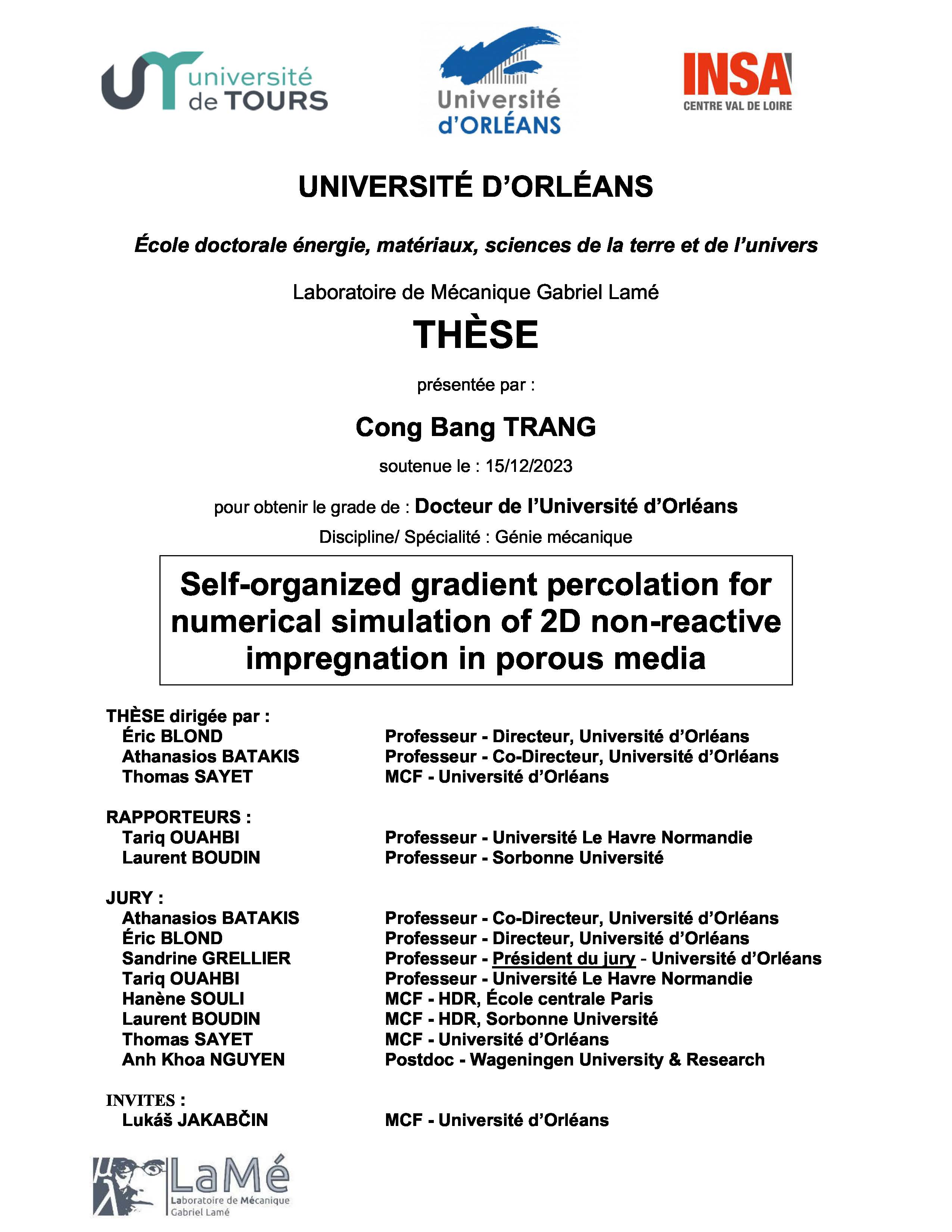 Self-organized gradient percolation for numerical simulation of 2D non-reactive impregnation in porous media: Doctoral dissertation - Major: Mechanical engineering#Phương pháp gradient precolation tự động để mô phỏng số