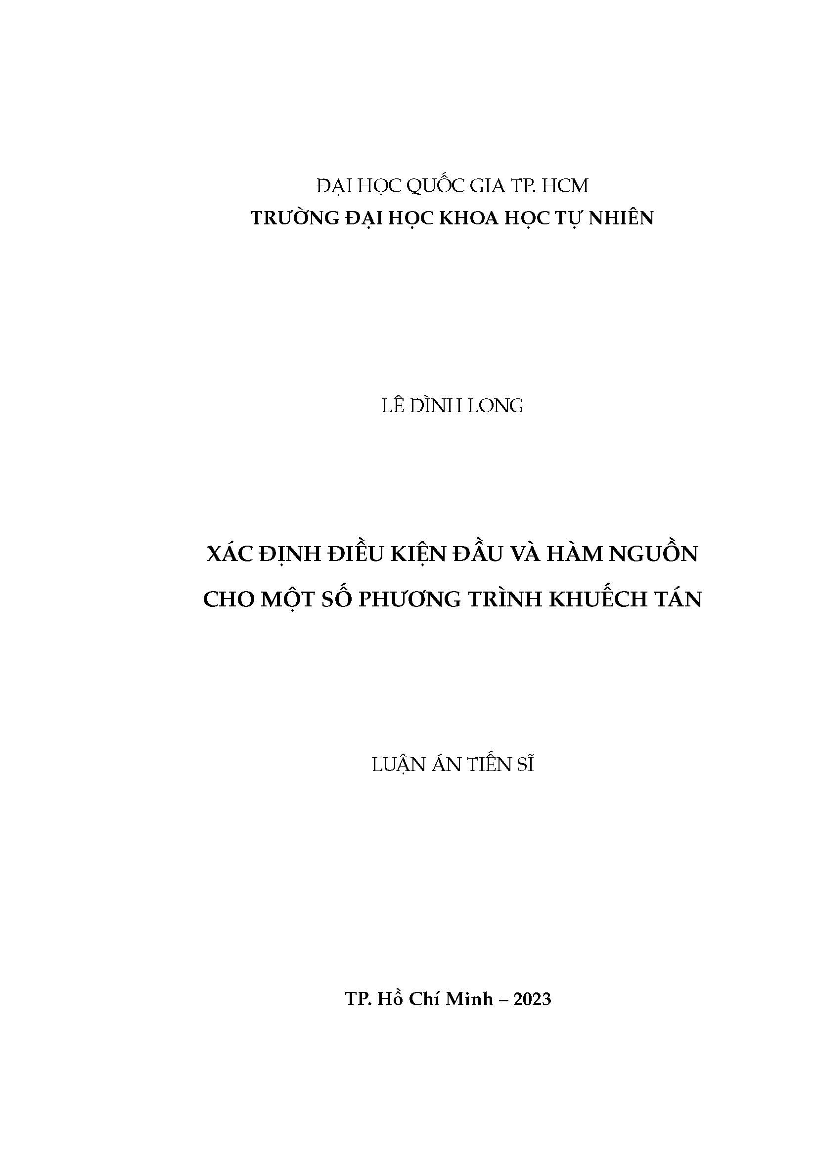 Xác định điều kiện đầu và hàm nguồn cho một số phương trình khuếch tán: Luận án Tiến sĩ - Chuyên ngành: Toán giải tích