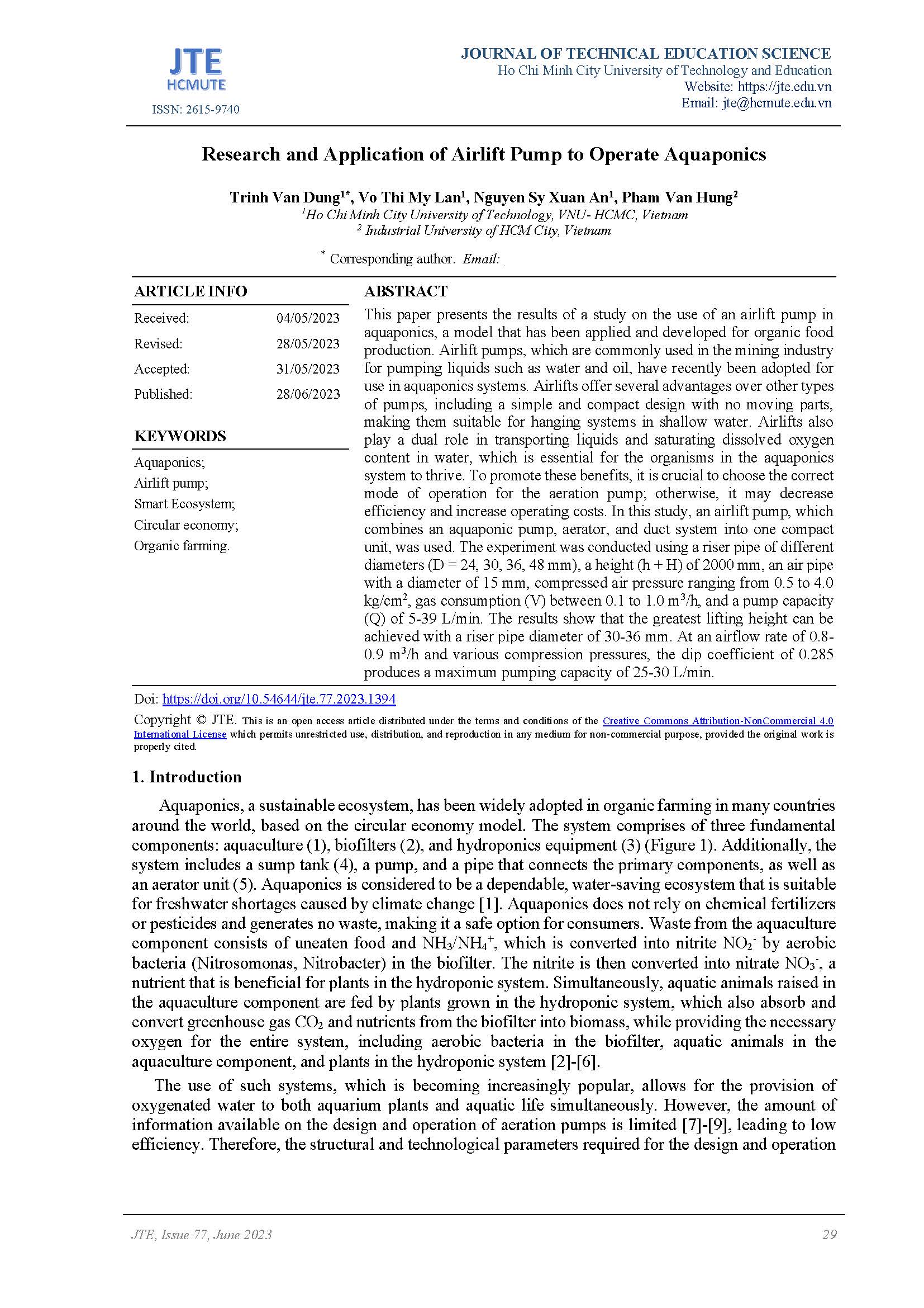 Research and Application of Airlift Pump to Operate Aquaponics